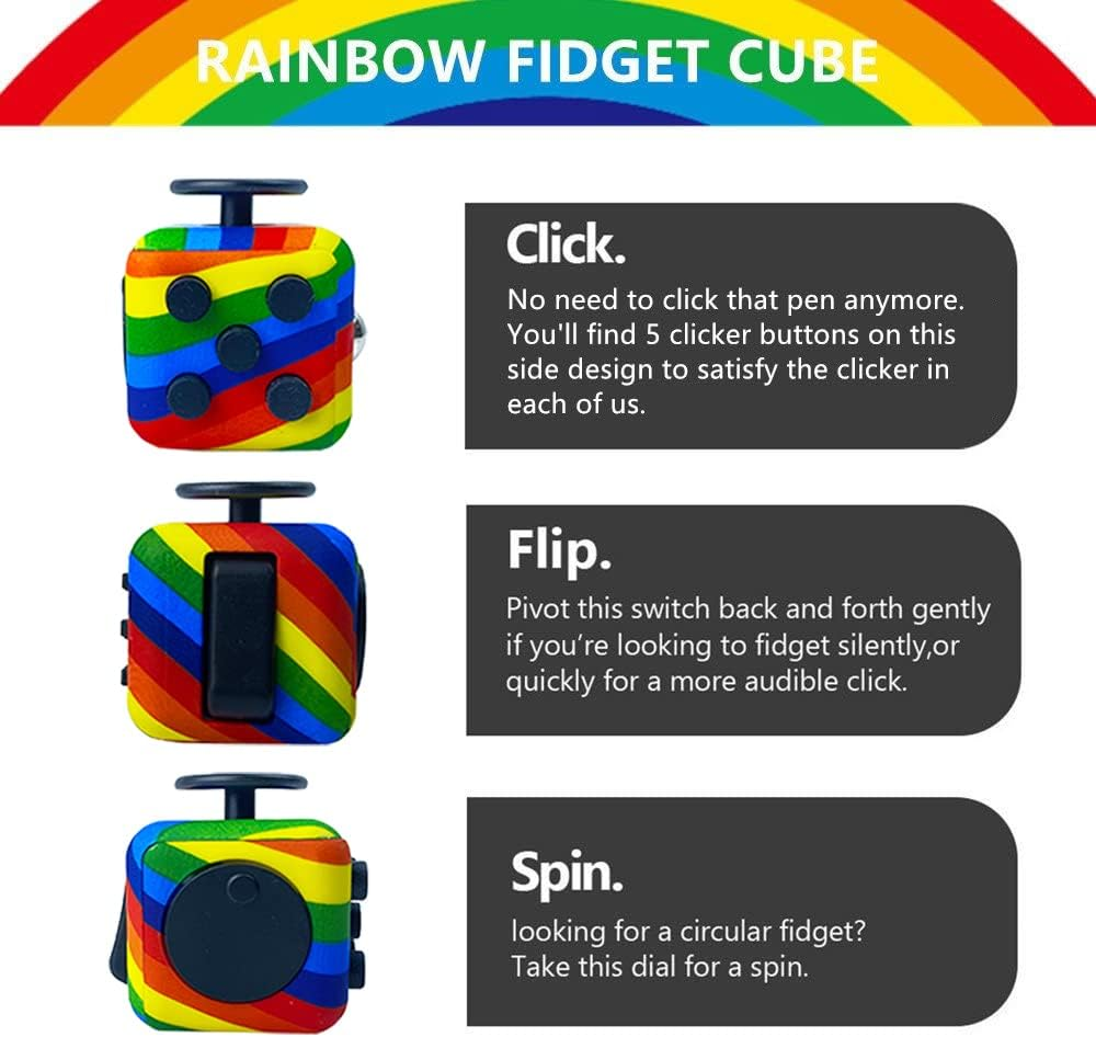 Rainbow Fidget Cube with 6 Sides Stress Relief Fiddle Toys Autism Sensory Fidget Toys for Adults and Kids image number 4