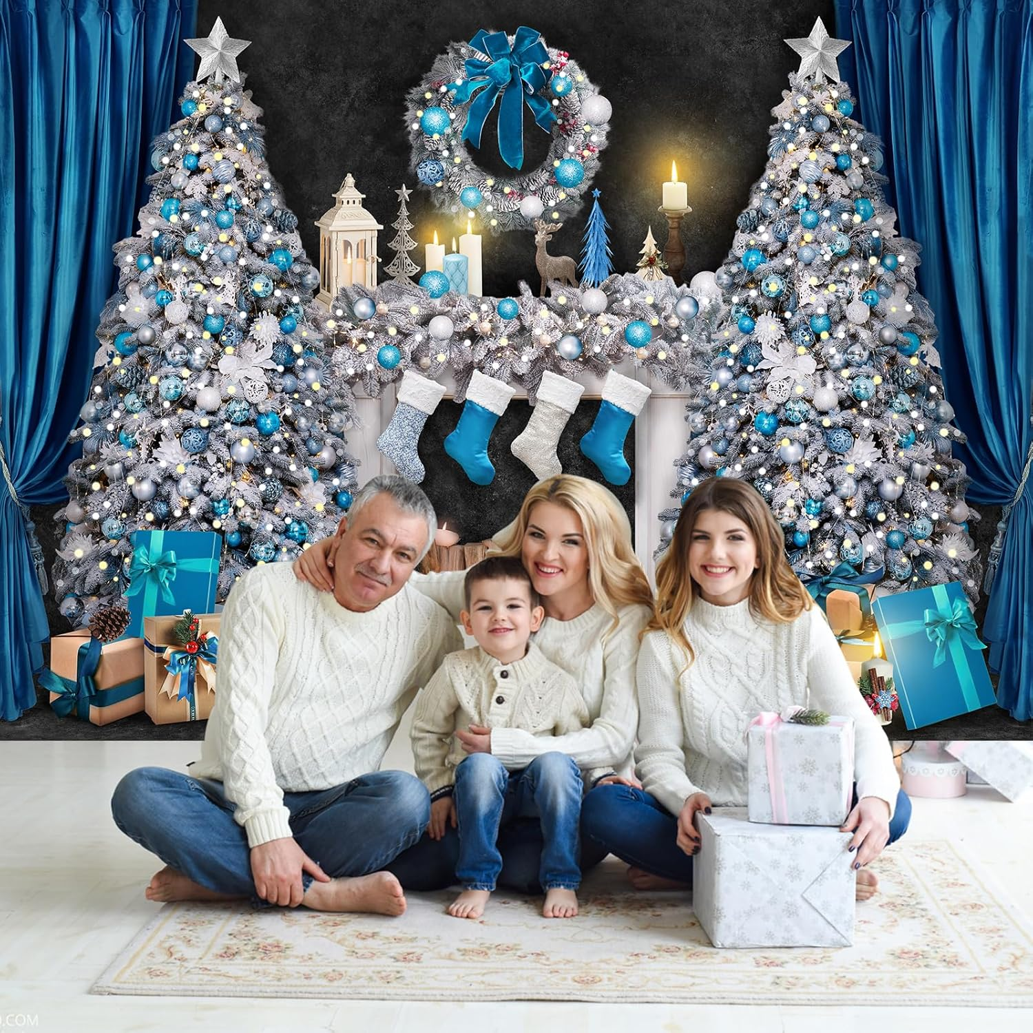 Avezano 10X7Ft Christmas Fireplace Backdrop Blue Christmas Tree Background for Photography Vintage Xmas Night Photobooth Party Decoration image number 5