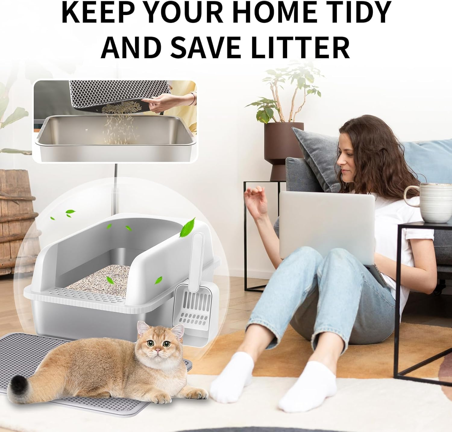 Open Top Cat Litter Box, Stainless Steel XL Metal Litter Box for Big Cats with High Wall Slides Enclosure, anti High-Peeing Spraying, Anti-Leakage Non-Sticky Easy to Clean, for Big & Multiple Cats