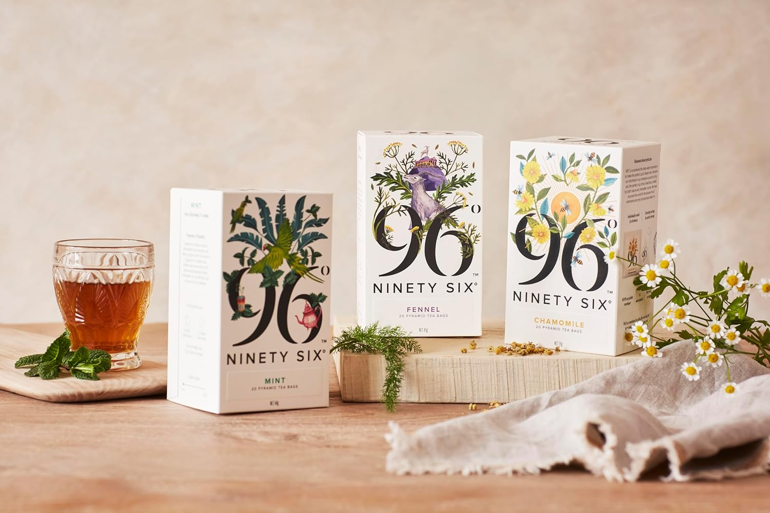 96&deg; Fennel Tea &ndash; Pack of 3 &times; 20 Pyramid Tea Bags (60 Bags), Aromatic, Sweet & Calming Herbal Tea, Caffeine-Free, Individually Wrapped Recyclable Envelopes, Plant-Based Tea Bags with No Microplastics