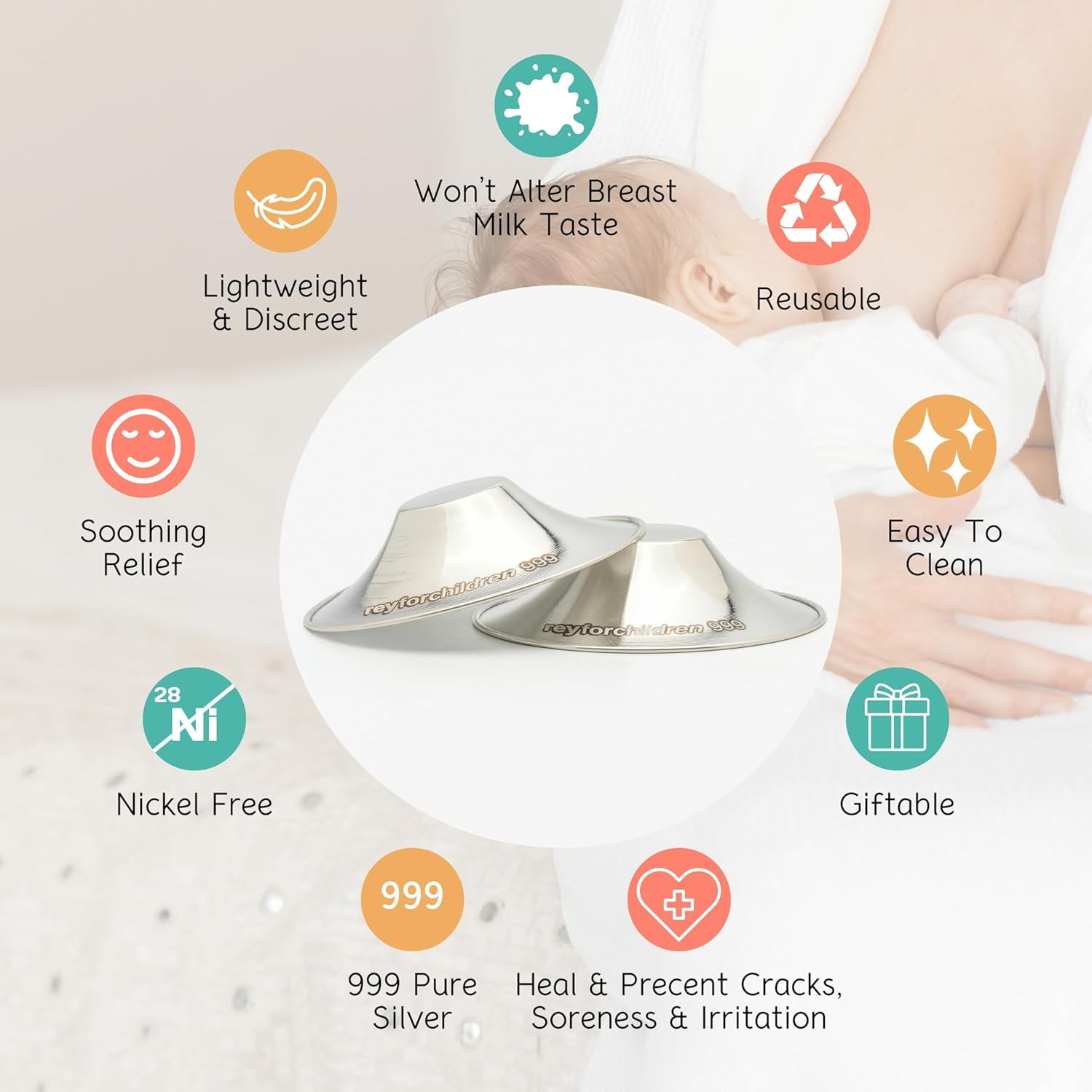 RFC Silver Nursing Cups - 999 Silver Nursing Pad - Nipple Shields Kit for Nursing Newborn - Breastfeeding Essentials - Nipple Cover Breastfeeding - with Silicone Ring & Cleaning Scotch & Carrying Case (Shiny 999 Silver Nursing Cup (XL))