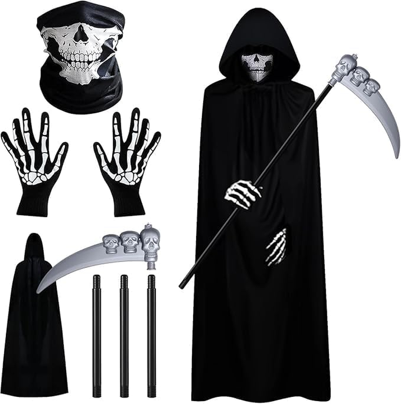 Halloween Grim Reaper Costume Set for Adult, 4PCS Black Hooded Cape, Skull Face Mask, Skeleton Hand Gloves, Grim Reaper Scythe Death Scythe Staff, Cosplay Costume Props for Men & Women image number 6