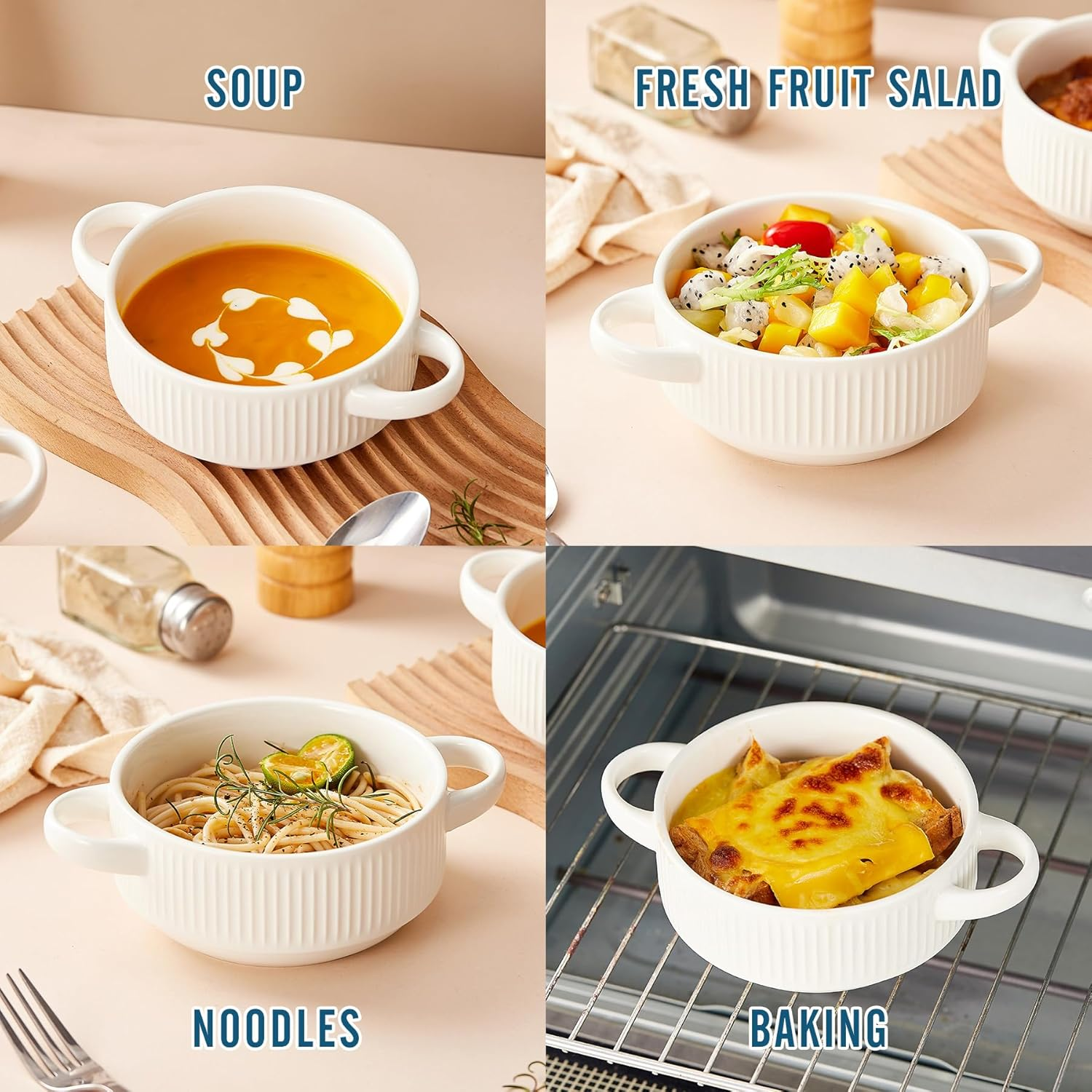 Ceramic Soup Bowls with Handles, 20 Oz French Onion Soup Bowls Set of 4, Stackable Soup Crocks for Soups, Chili, Beef Stew, Microwave and Oven Safe - 5.4Inch, White