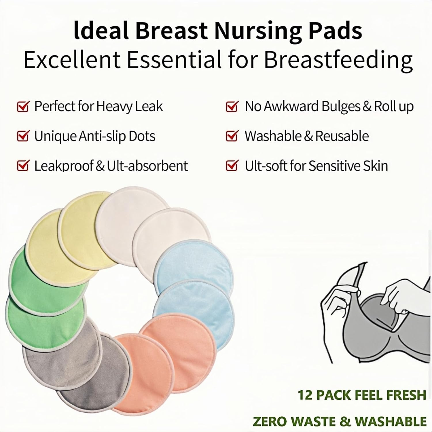 12 PCS Reusable Breast Pads for Breastfeeding &ndash; Washable Nursing Pads, Reusable Nursing Pads with Wash & Carry Bags, 4.7 Inch Multicolor image number 6