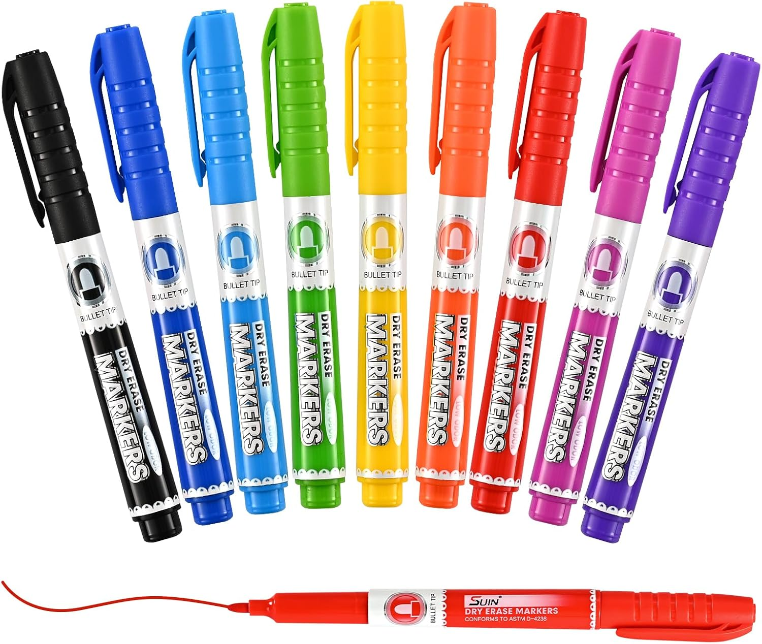 SUIN 9 Colour Low-Odour Whiteboard Markers - Slimline Pens, Medium Fine Tip Whiteborad Pens for Home, Work, School (Pack of 9) image number 3