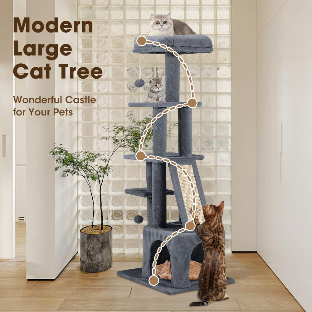 Cat Tower, 125Cm Cat Tree for Indoor Large Cats, Multi-Level Condo with Ladder, Hideaways, Pompoms and Toy, Dark Grey image number 3