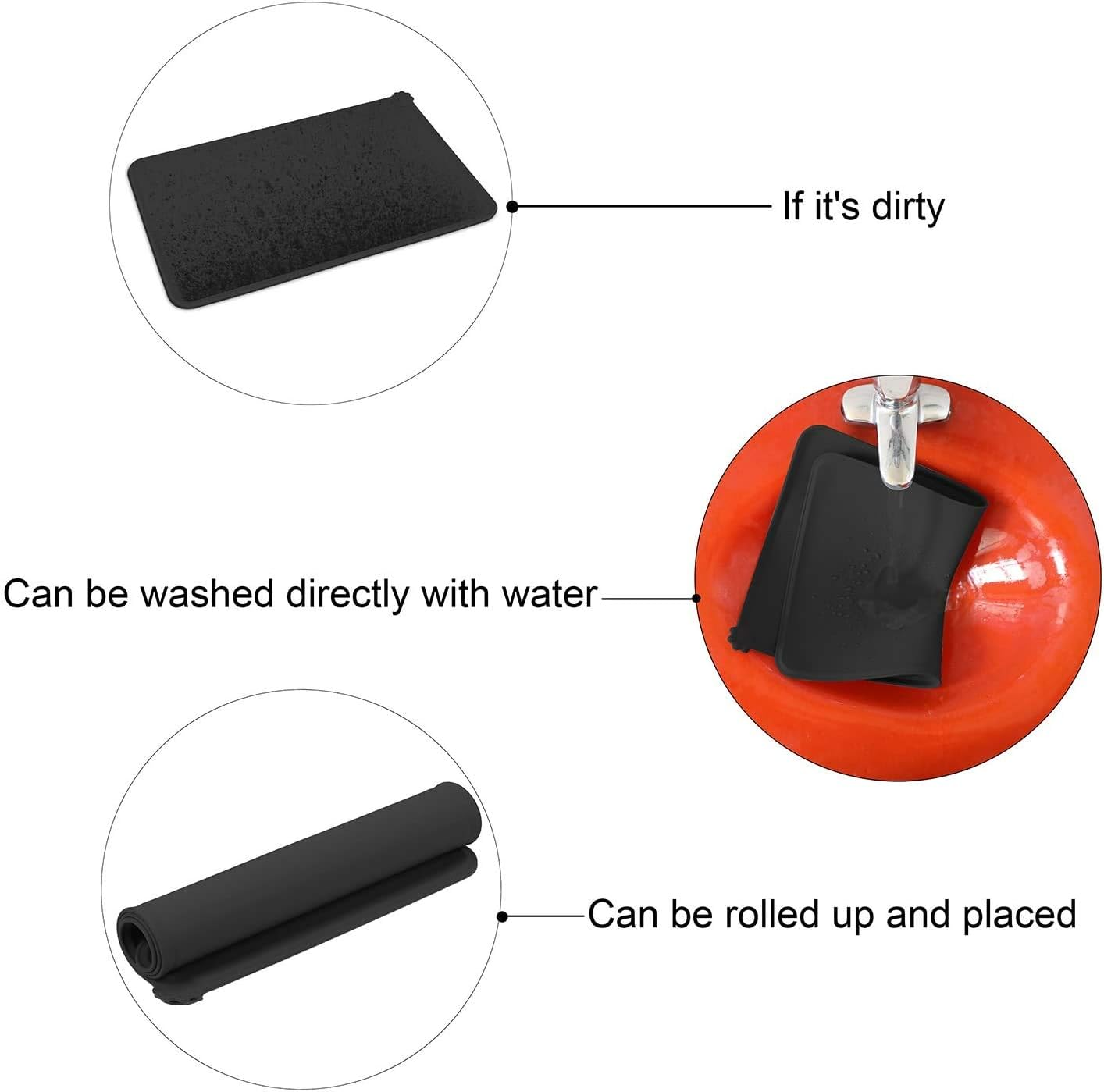 EZONEDEAL Dog Food Mat, Silicone Cat Food Mat, Non Slip Waterproof Pet Feeding Mat Food Container Placemat Pet Food Mat for Small Animals Cat Mat - Dog Bowl Mat (48X30Cm, Black) image number 5