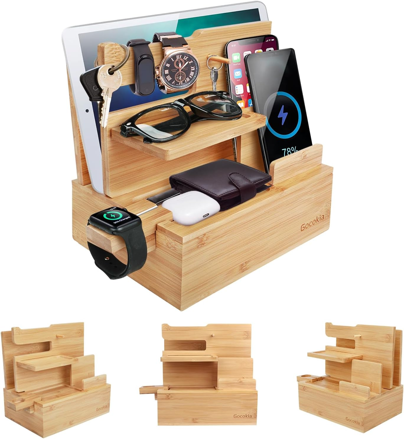 Bamboo Multiple Device Docking Station Phone Key Holder Laptop Tablet Wallet Watch Stand image number 4