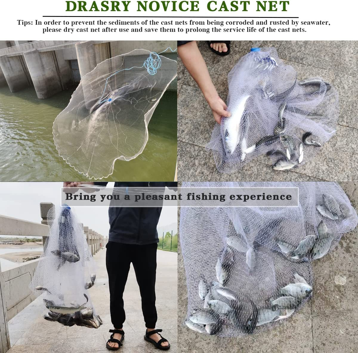 Drasry Saltwater American Fishing Cast Net 3/8Inch Mesh Size for Bait Trap Fish Heavy Duty Throw Net 4FT/5FT/6FT/7FT/8FT/9FT/10FT Radius Size image number 5