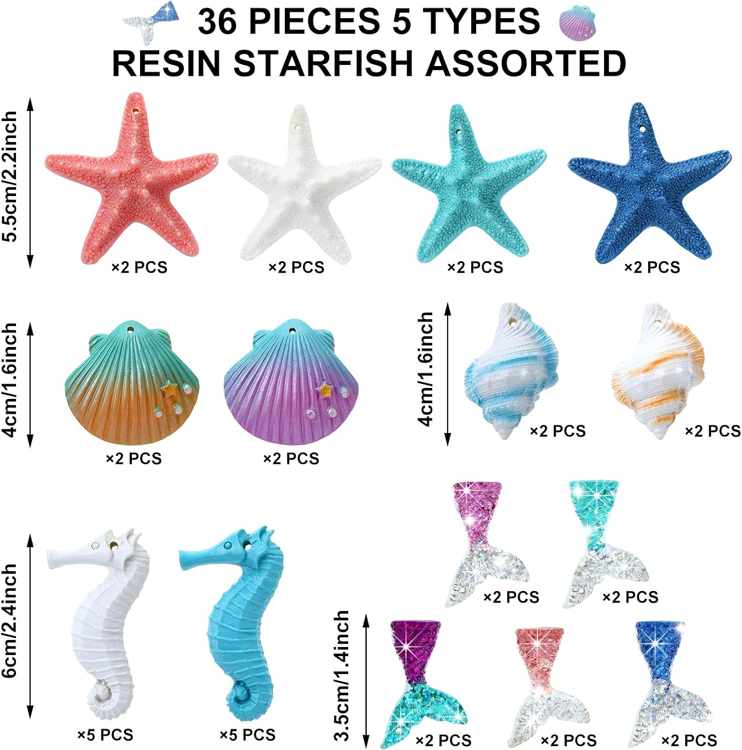 Yerliker 36 Pcs Beach Ocean Christmas Ornaments Starfish Resin Bulk Multicolored Ocean Themed Hanging Decor for Nautical Wedding Fish Net Decorations Bathroom Home Tree Wall Decor image number 5