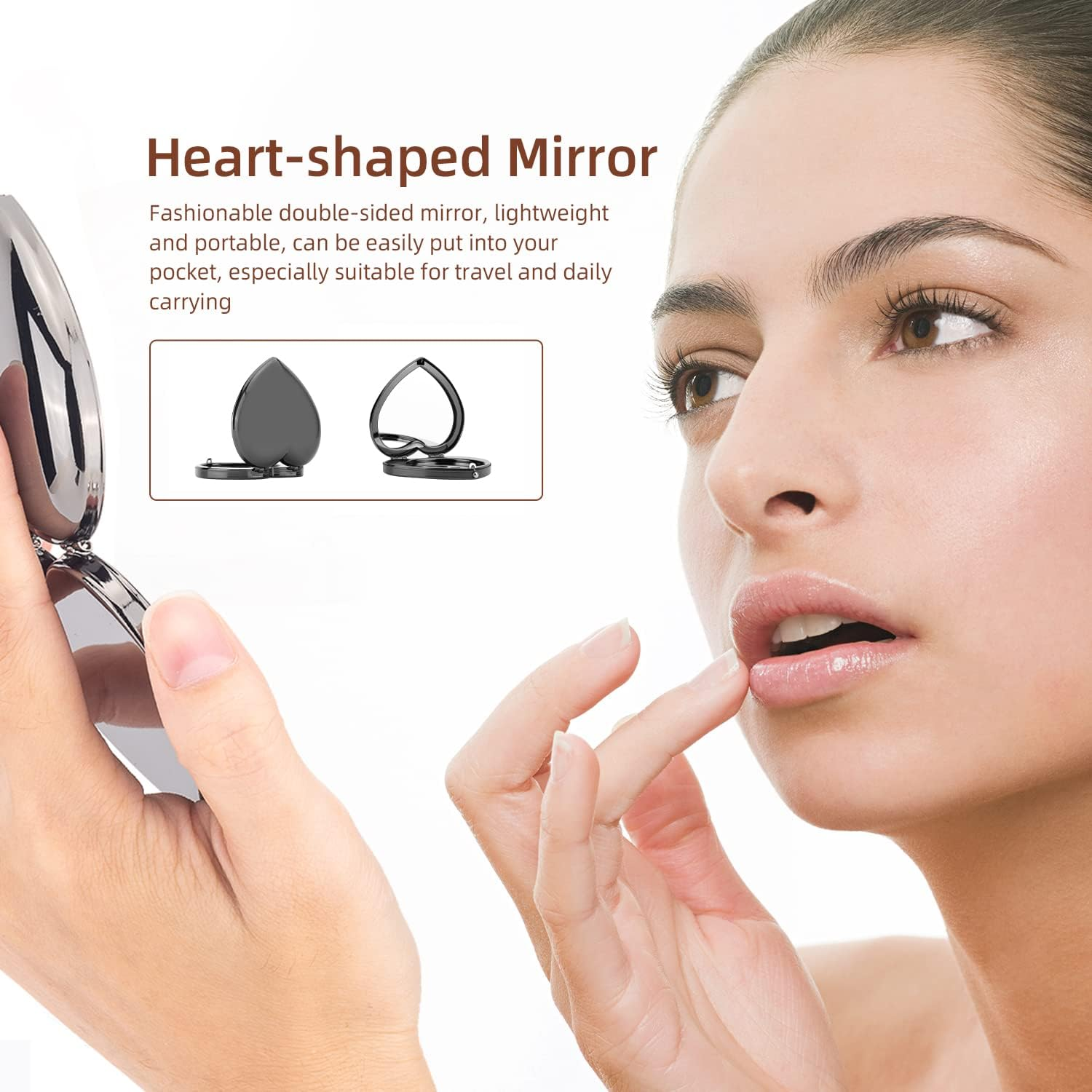 Mini Vintage Heart Elegant Makeup Mirror, Portable 1X/2X Magnifier (Black) image number 5