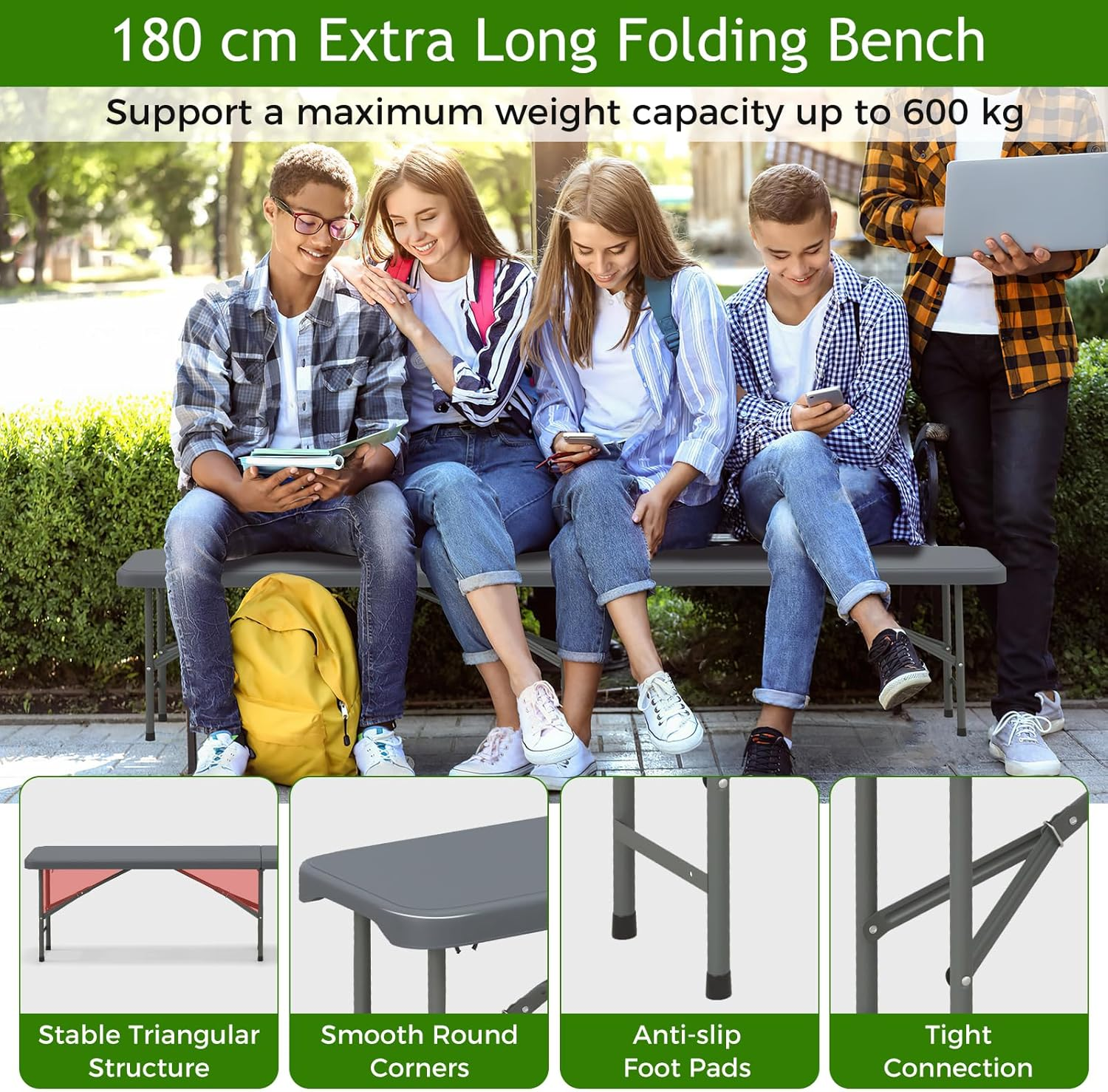 Costway 180Cm Outdoor Plastic Folding Bench, Portable Fold-In-Half Seat W/ 600Kg Capacity, HDPE Thickened Long Seat W/Handle & Lock, for Outdoor Camping Picnic Party Soccer Events (Gray) image number 6