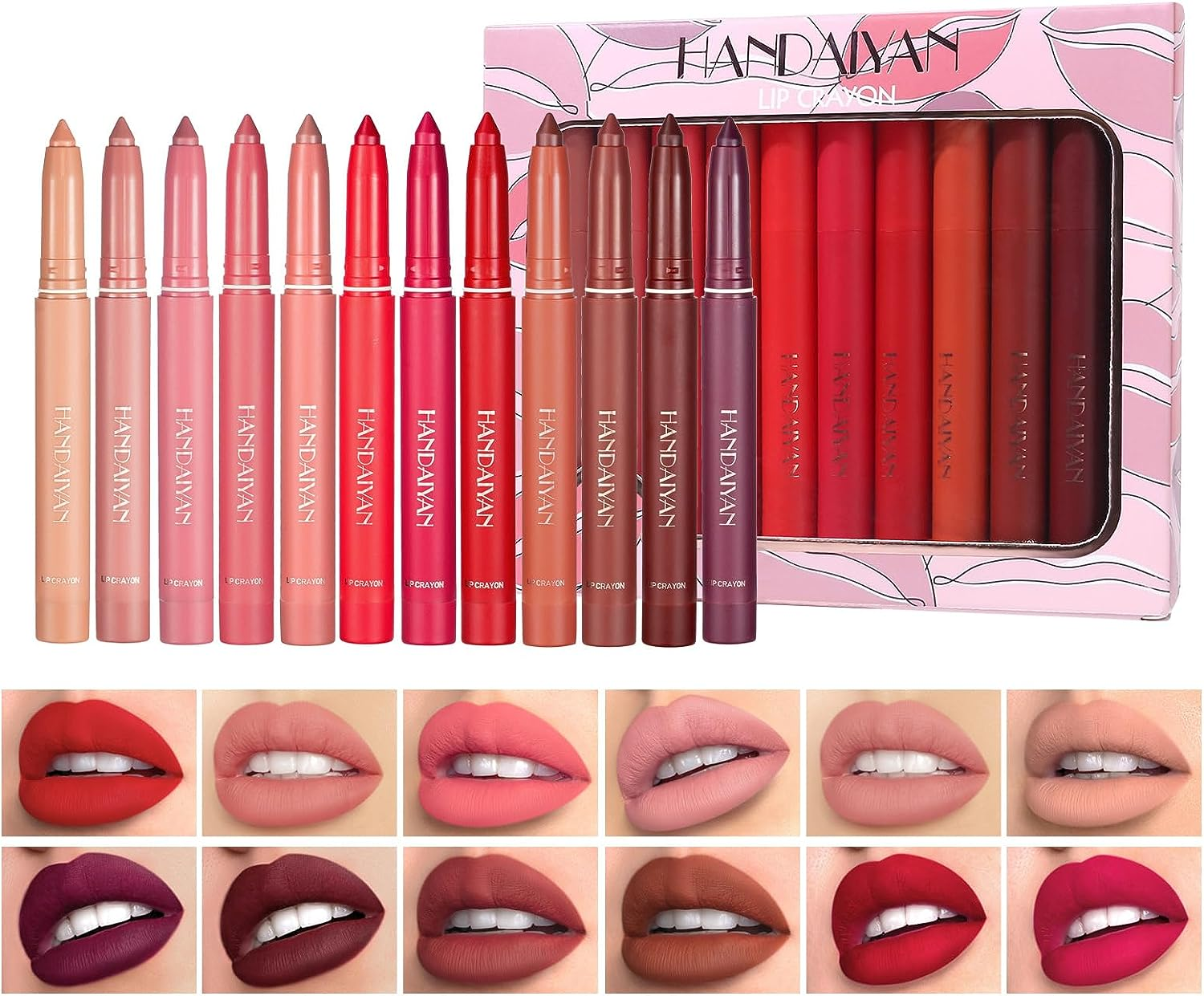 Roseflower 12 Colors Lipsticks Set, Non-Stick Cup Lipstick Lip Liner Set, Matte Velvet Nude Lipstick Pen with Pencil Sharpener Automatic Lip Liner Set Lip Makeup Set for Women image number 2