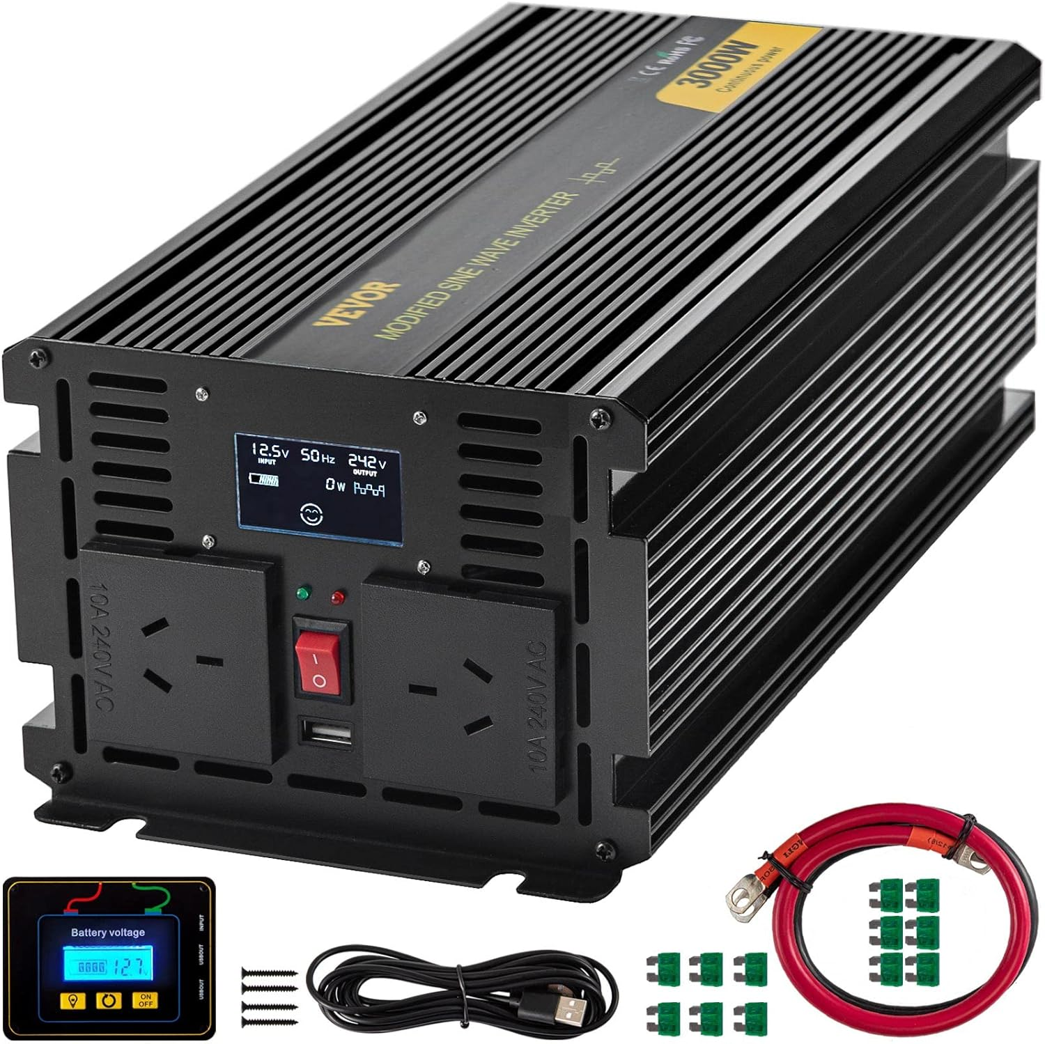 VEVOR Power Inverter 3000W Modified Sine Wave Inverter DC 12V to AC 240V Car Converter with LCD Display Remote Controller LED Indicators AC Outlets Power Inverter for Car RV Truck Boat Travel Camping image number 6