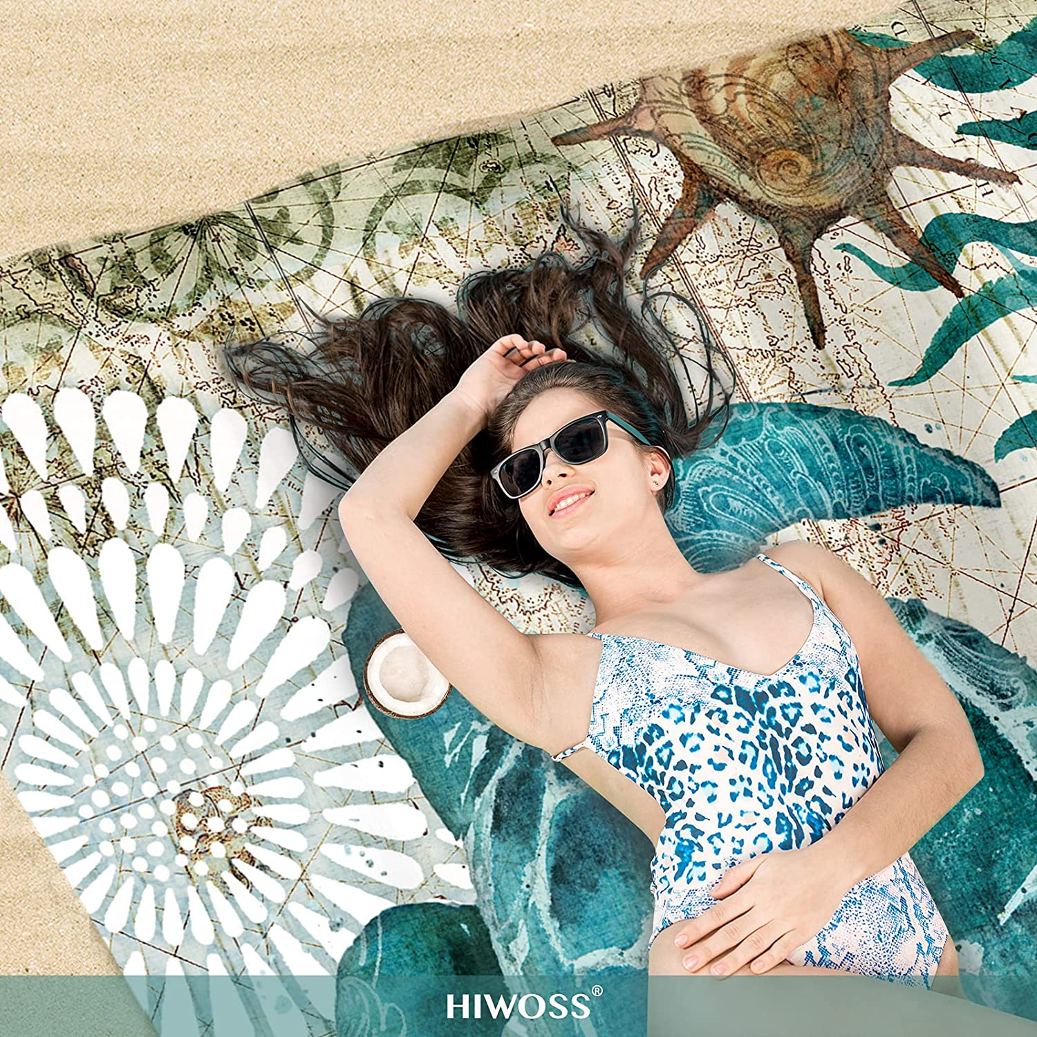 Beach Blanket Waterproof Sandproof Oversized 95&rdquo;X 80&rdquo;,Sand Free Beach Mat with Corner Pockets,Portable Mesh Bag for Beach Festival,Picnic,Travel and Outdoor Camping (Seaturtle) image number 2