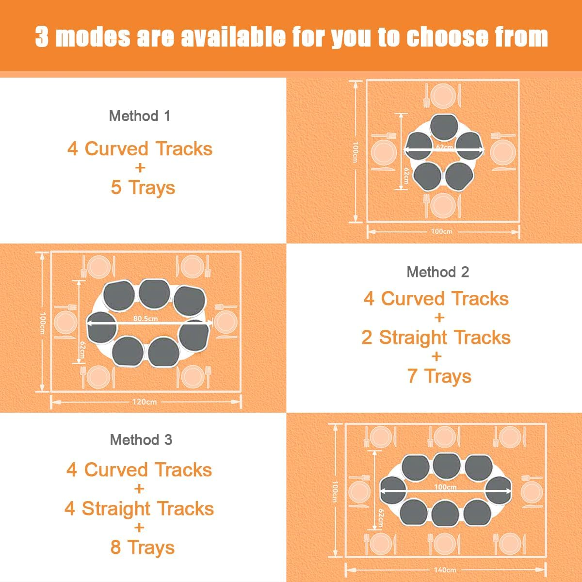 Blissify Lazy Susan Turntable for Dining Table, 8 Trays Lazy Susan Food Train, 360&deg; Manual Dining Turntable Expandable for Rectangular Table, Suitable for Parties and Gatherings, round Tray Model image number 1