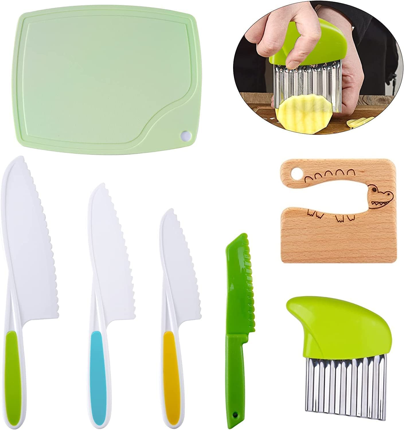 Wooden Kids Knife, Kids Safe Knives Set Include Wooden Toddler Knife for Cooking Plastic Potato Slicers Peeler Serrated Edges Veggies Knives for Kitchen Children Cooking (7PCS) image number 2