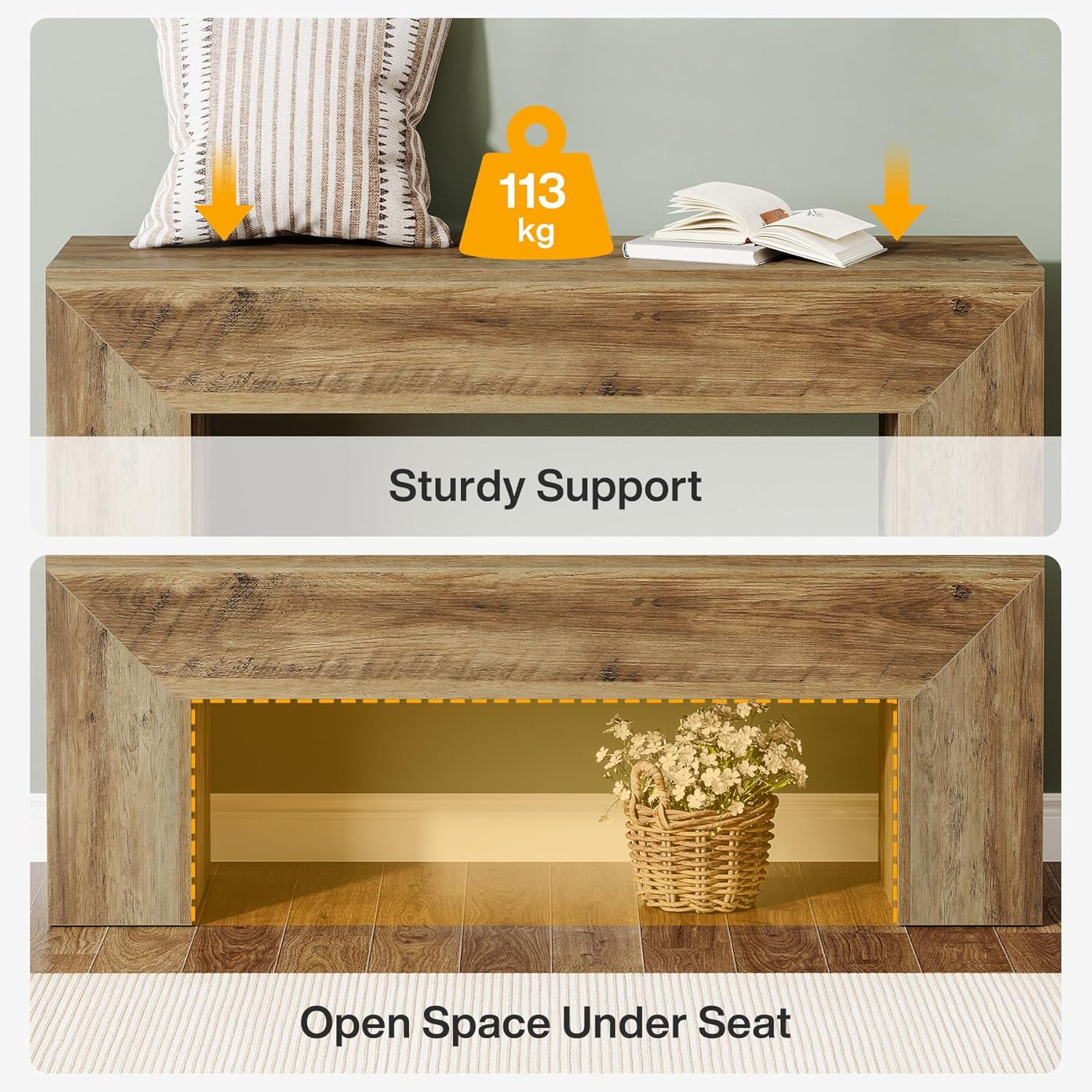 Tribesigns 120Cm Wood Bench, Farmhouse Entryway Bench Seat, Indoor End of Bed Bench with Storage Capability for Living Room, Bedroom, Hallway, Easy Assembly, Oak Brown image number 5