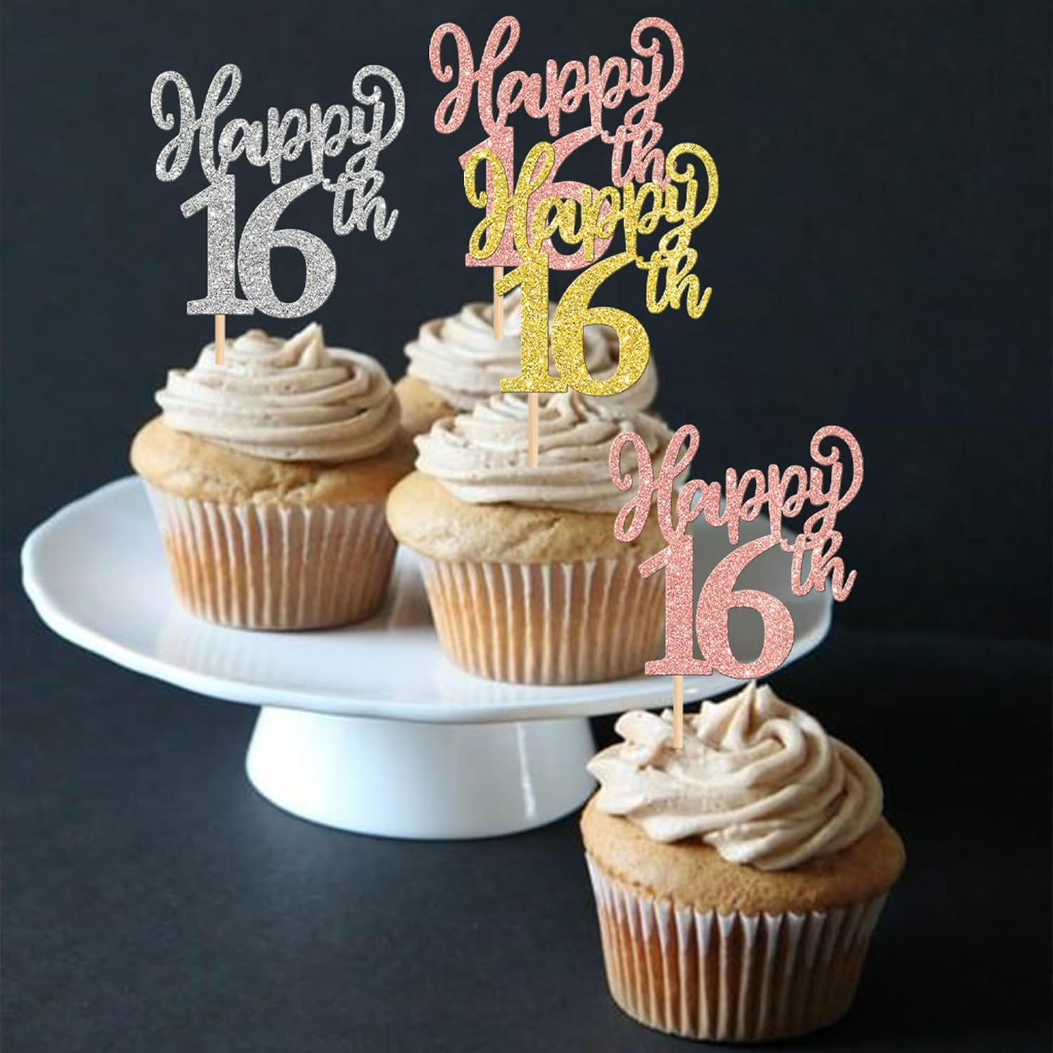24 Pack Happy 16Th Cupcake Toppers Glitter Sixteen Cheers to 16 Years Number 16 Birthday Cupcake Picks for Happy 16Th Birthday Anniversary Party Cake Decorations Colorful image number 5