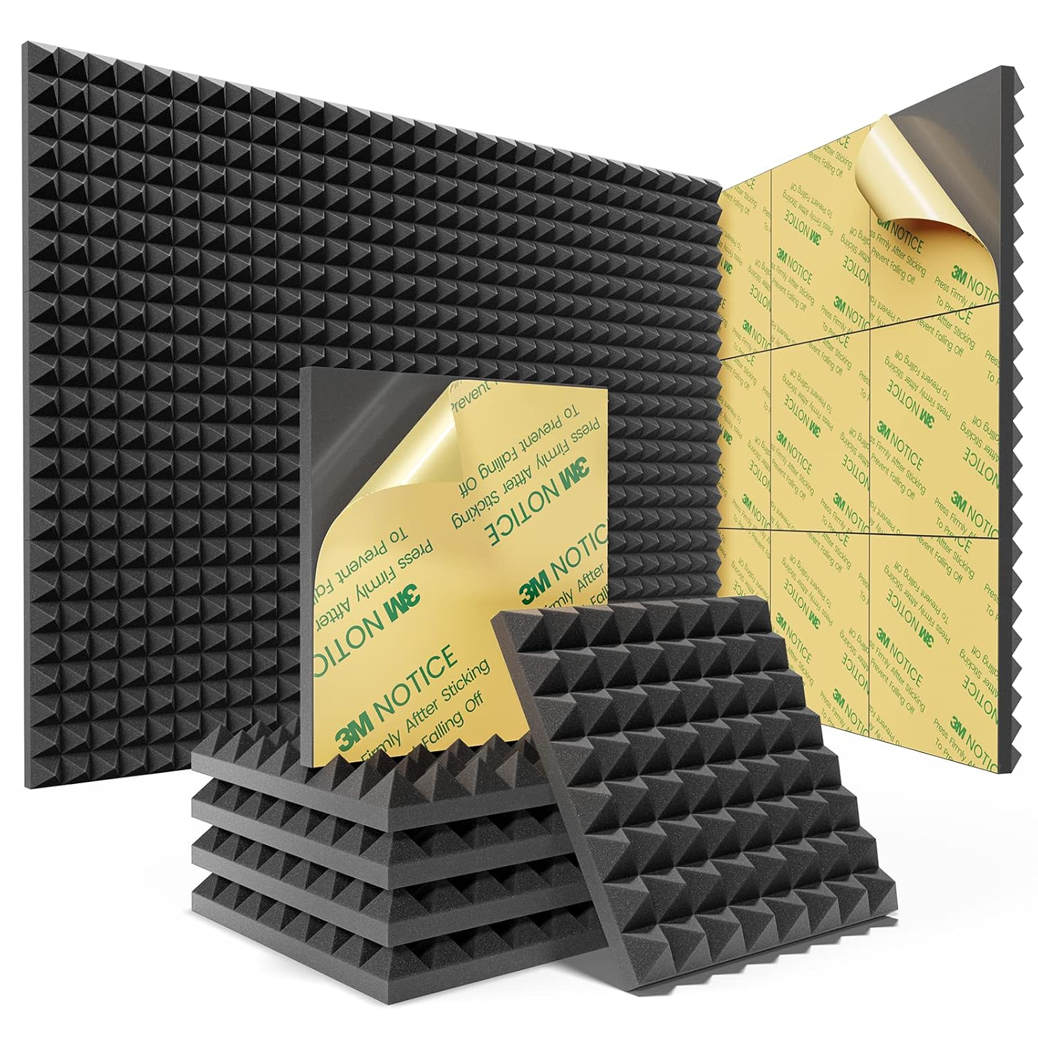 Sonicism 12 Pack Pyramid Sound Proof Foam Panels with Self-Adhesive,12'' X 12'' 1'' Acoustic of High Density,Soundproof Wall Fast Expand,Sound Absorption and Decoration (Black),(Wf008) image number 2