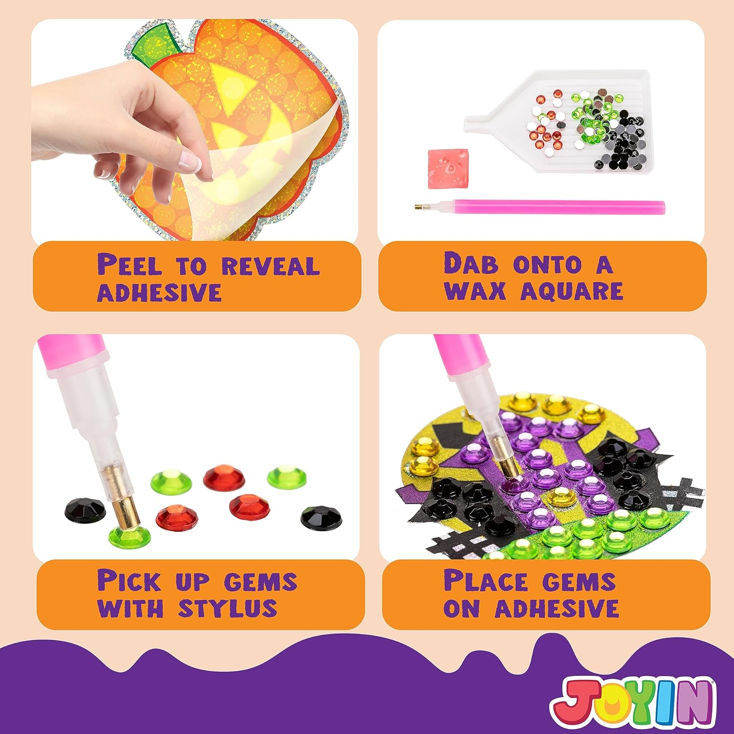 Klever Kits Halloween Gem Art Kit, Kids Halloween Crafts Party Supplies, Diamond Painting Kit with Stickers, Suncatchers, and Keychains, Party Favor DIY Activities School Game Goodies Gift image number 1