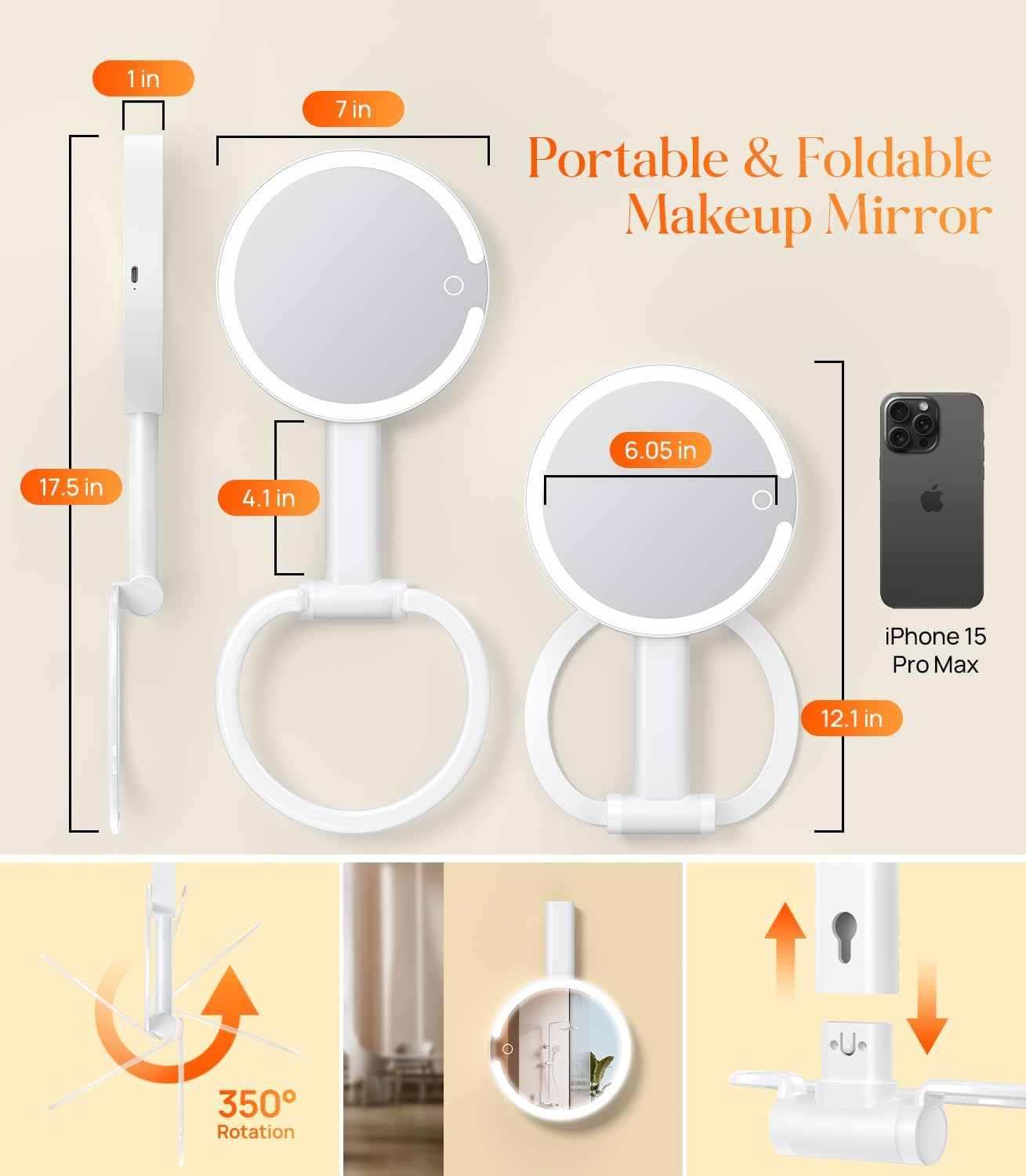 Gospire Magnifying Mirror with Light, 10X / 1X Double-Sided Makeup Mirror, 3 Colours, Dimmable Cosmetic Mirror with Lighting, 3-In-1 Travel Makeup Mirror, White image number 3