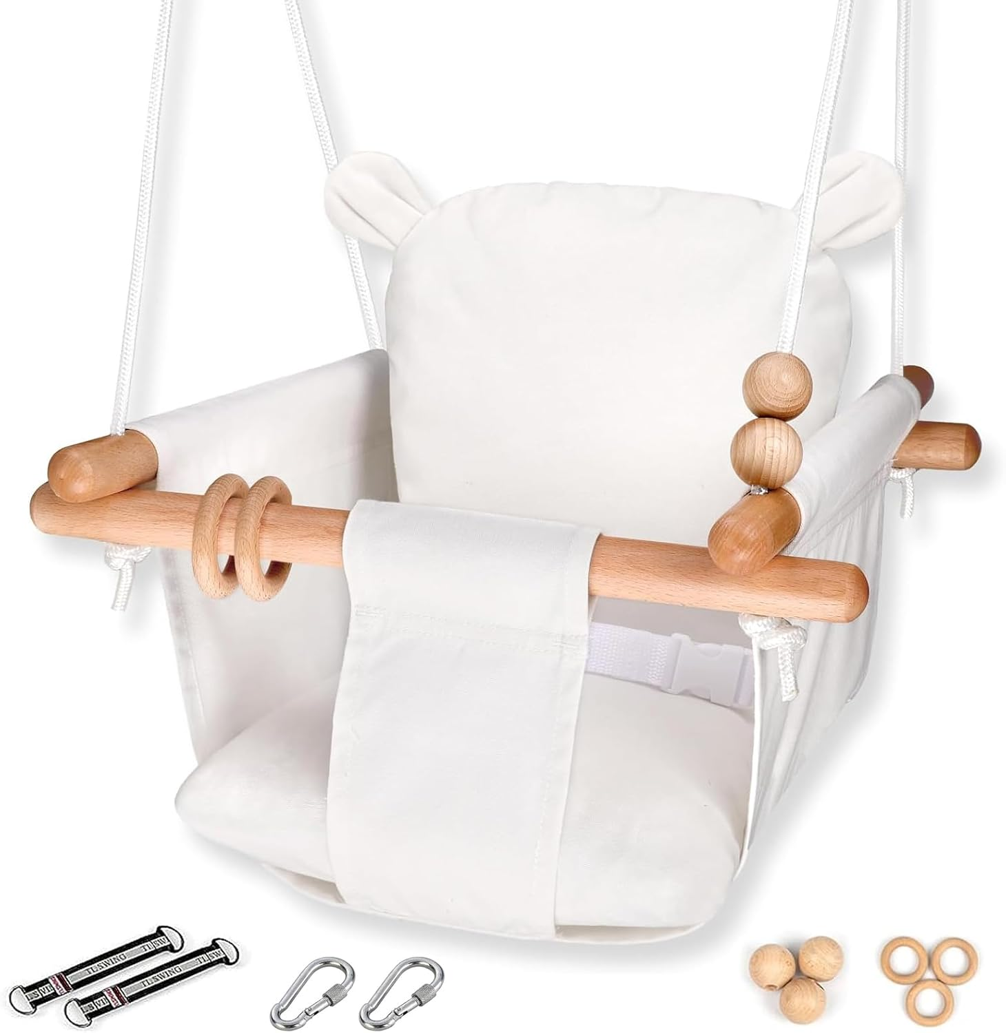 Baby Swing Seat, Visuivit Durable Canvas Hanging Swing for Outdoor/Indoor Use with Canvas Cushion & Safety Belt, Swing Sets for Baby Hammock Toy Backyard (White & Grey) image number 2