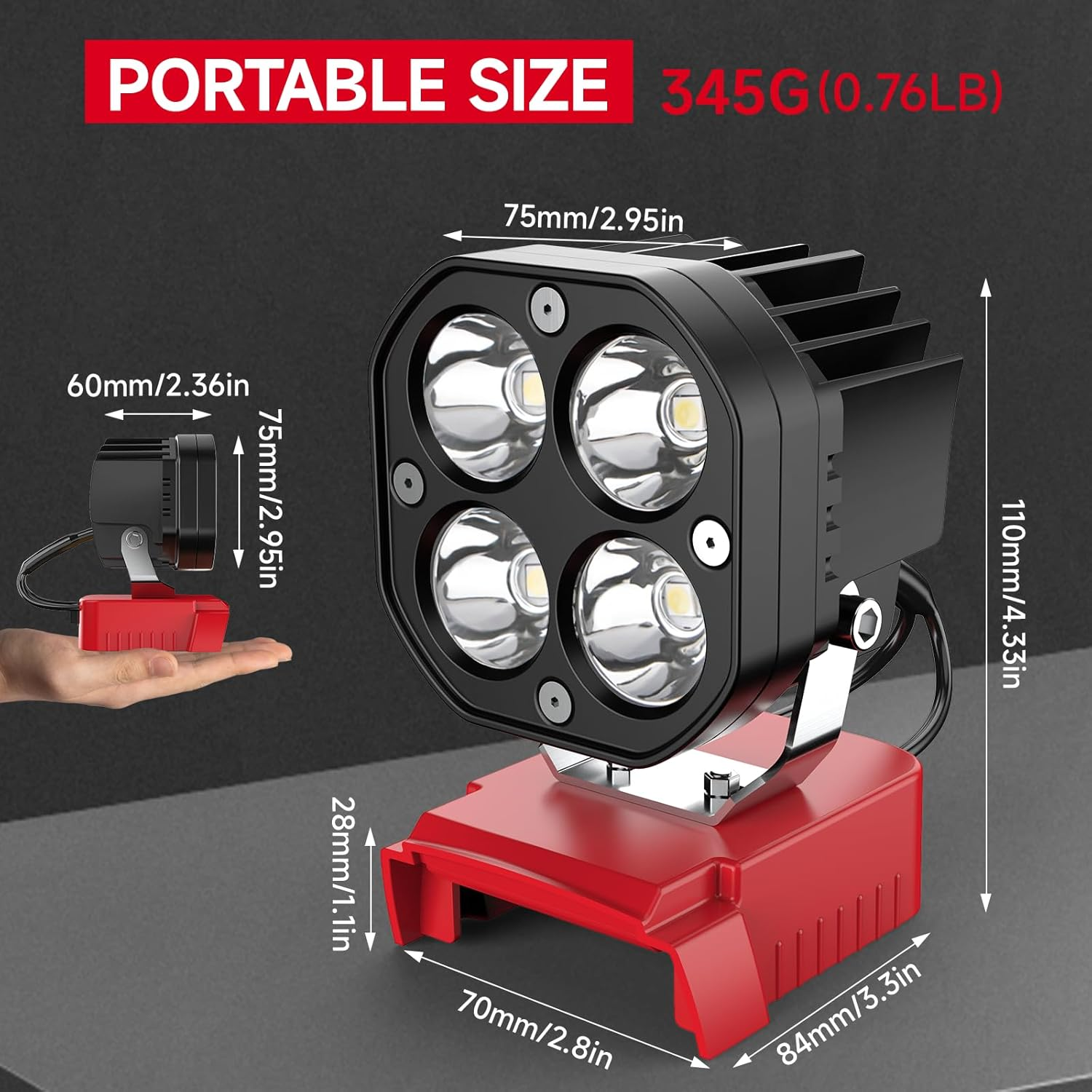 2 Packs LED Work Light for Milwaukee M18 18V Battery, 40W 6000LM Flashlight,18V Battery Cordless Work Light 120&deg;Adjustable with Low Voltage Protection for Outdoors Job Site Lighting image number 2