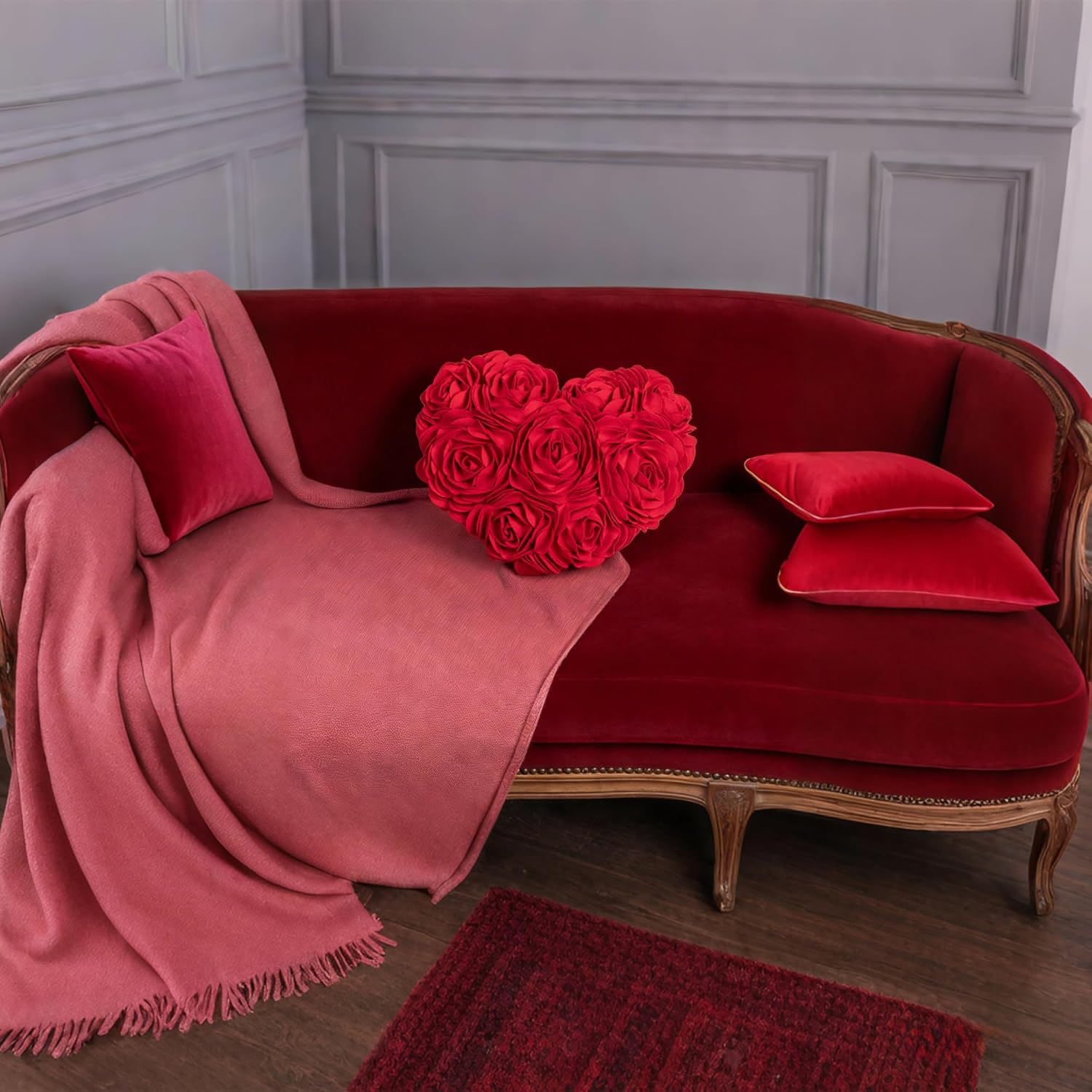 JW 3D Rose Flowers Accent Pillows Decorative Wool Heart Shaped Handmade Cushions for Home Sofa Car Bed Room Office Chair Wedding Travel Decor Pillowcases Girl Gifts 13 X 16 Inch Red image number 3