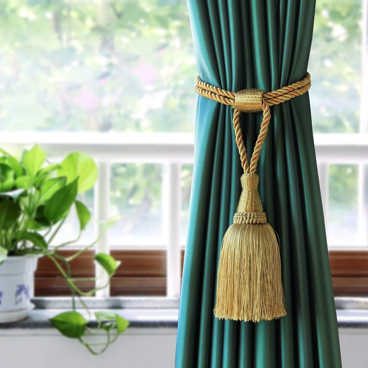Fenghuangwu Curtain Tiebacks Handmade Elegant Curtain Tie Backs Holdbacks with Tassel for Home Office Decor 2 Pack - Gold image number 4
