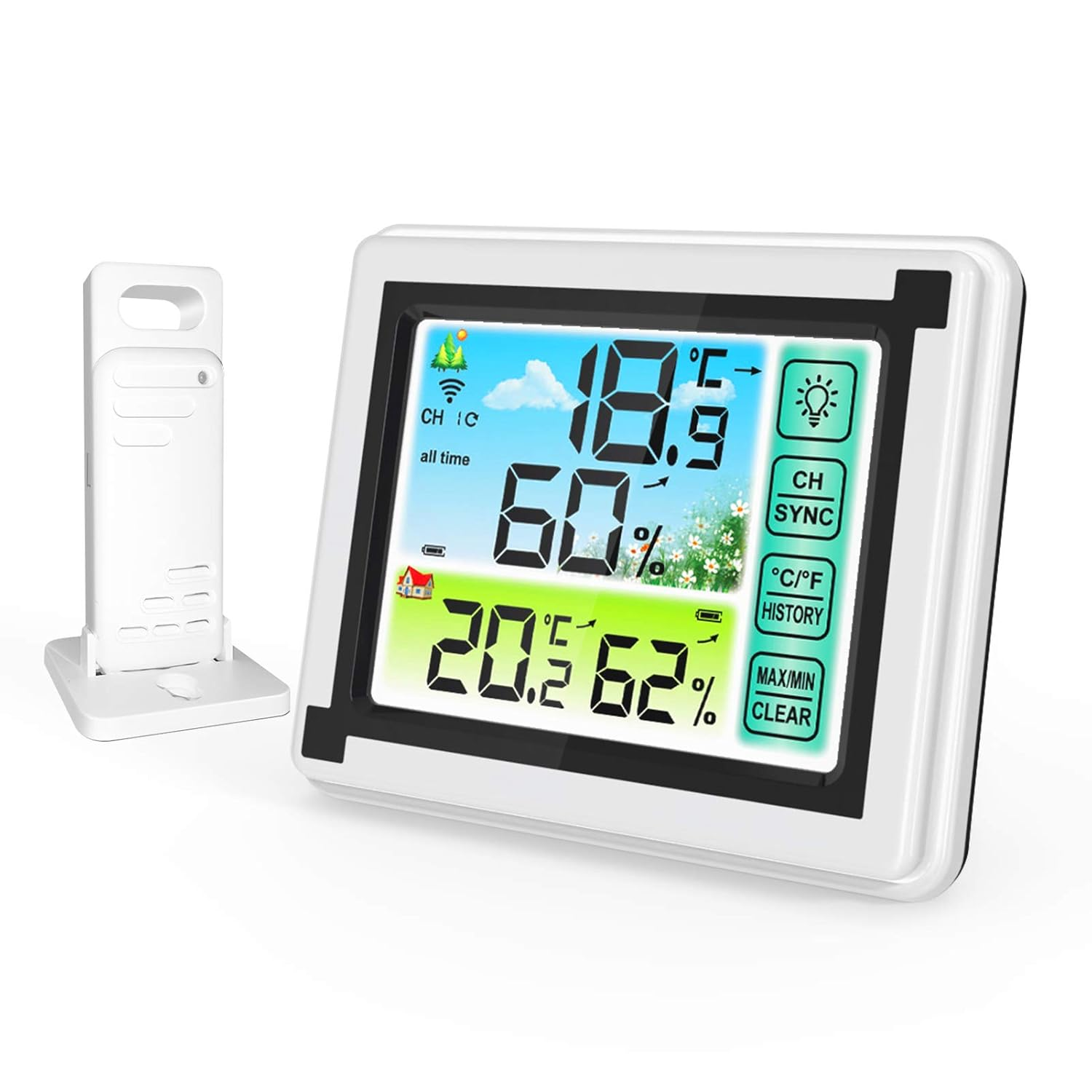 Upgraded Wireless Weather Station Indoor Outdoor Thermometer with Remote Sensor, Digital Humidity & Temperature Monitor with LCD Backlight,Touchscreen Min/Max Records for Baby Room, Office,Warehouse image number 1