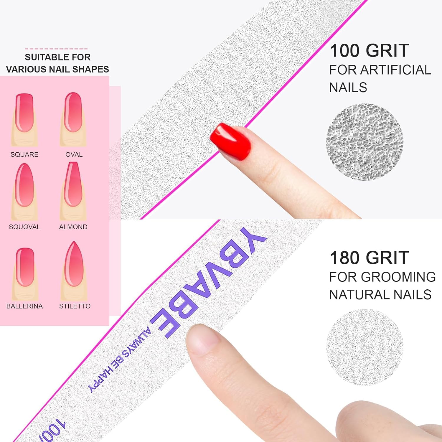 YBVABE Nail File, 12Pcs Nail Files180/240 Grit Double Sided, Premium Professional Salon Quality- Reusable Washable Emery Boards Manicure Tool for Nail Shaping, Dual Grit Manicure & Pedicure(Rhombus) image number 5