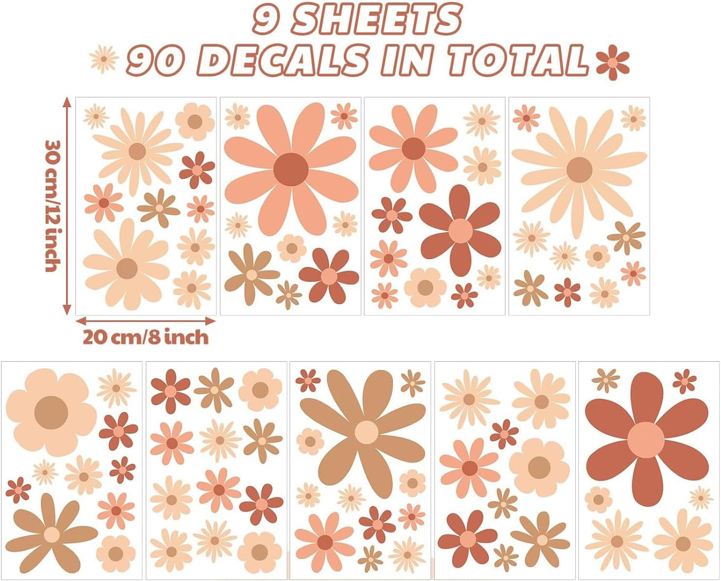 Daisy Wall Decals Vinyl Wall Decals Daisy Stickers Boho Floral Wall Stickers for Kids Nursery Wall Art Bedroom Classroom (Color02-9Sheets/90Pcs)