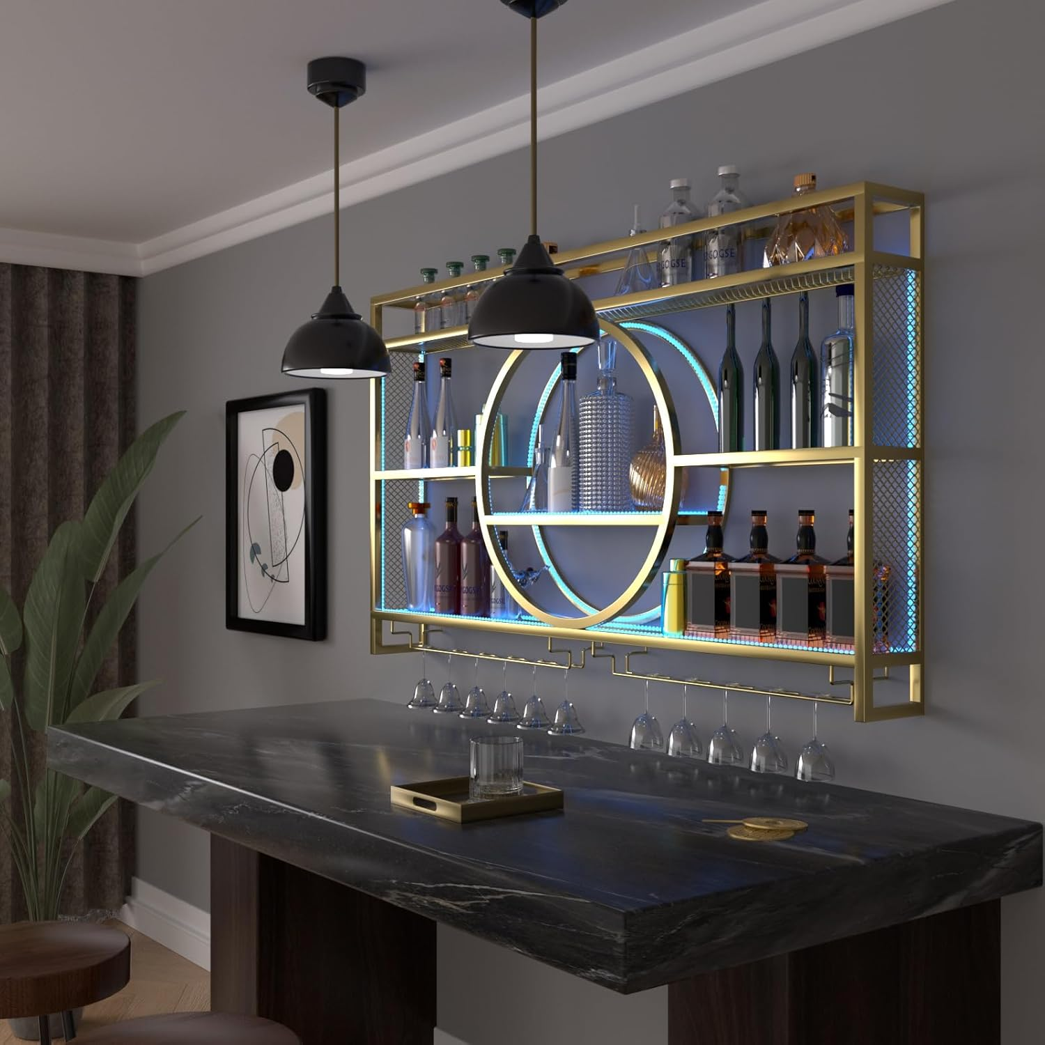 Wall Mounted Wine Rack with Led,3-Tier Metal Wine Bottle Shelf with Goblet Holder, Modern Bar Shelves Bar Liquor Bottle Display Shelf Multifunctional Bottle Rack for Home Bar No Battery (GLD, 100) image number 3