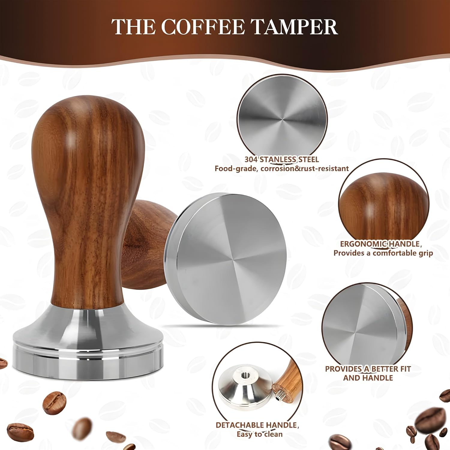 Espresso Coffee Tamper 53Mm Accessories - Compatible with Breville 54Mm Portafilter Baskets and Most 54Mm Espresso Machines Hand Tamper with Stainless Steel Base and Scented Rosewood Handle image number 2