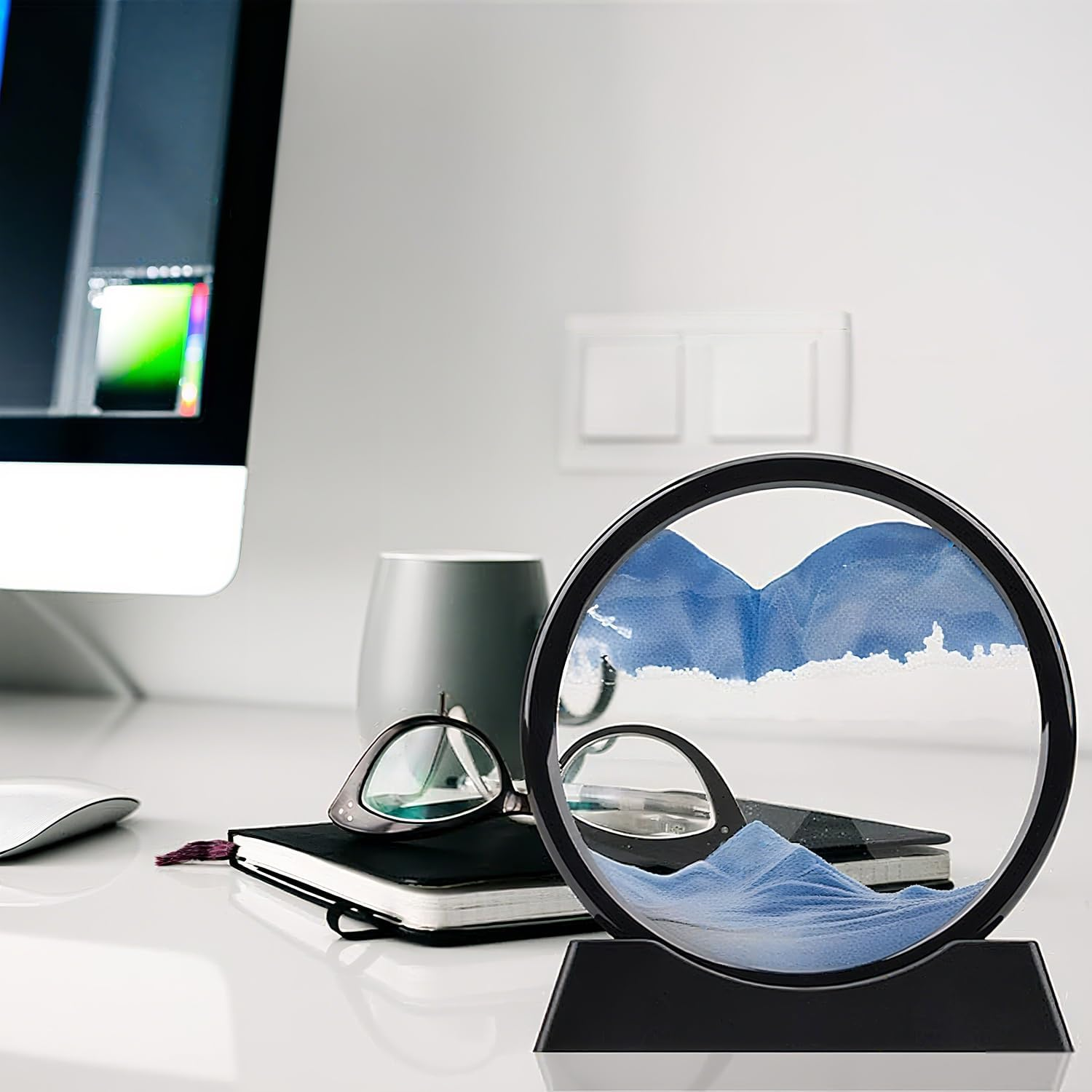 Moving Sand Art Picture in Motion round Glass 3D Deep Sea Landscape, Dynamic Sand Sandscapes, Sensory Relaxing Desktop Table Decor Desk Decor Art Desk (Bule) image number 6