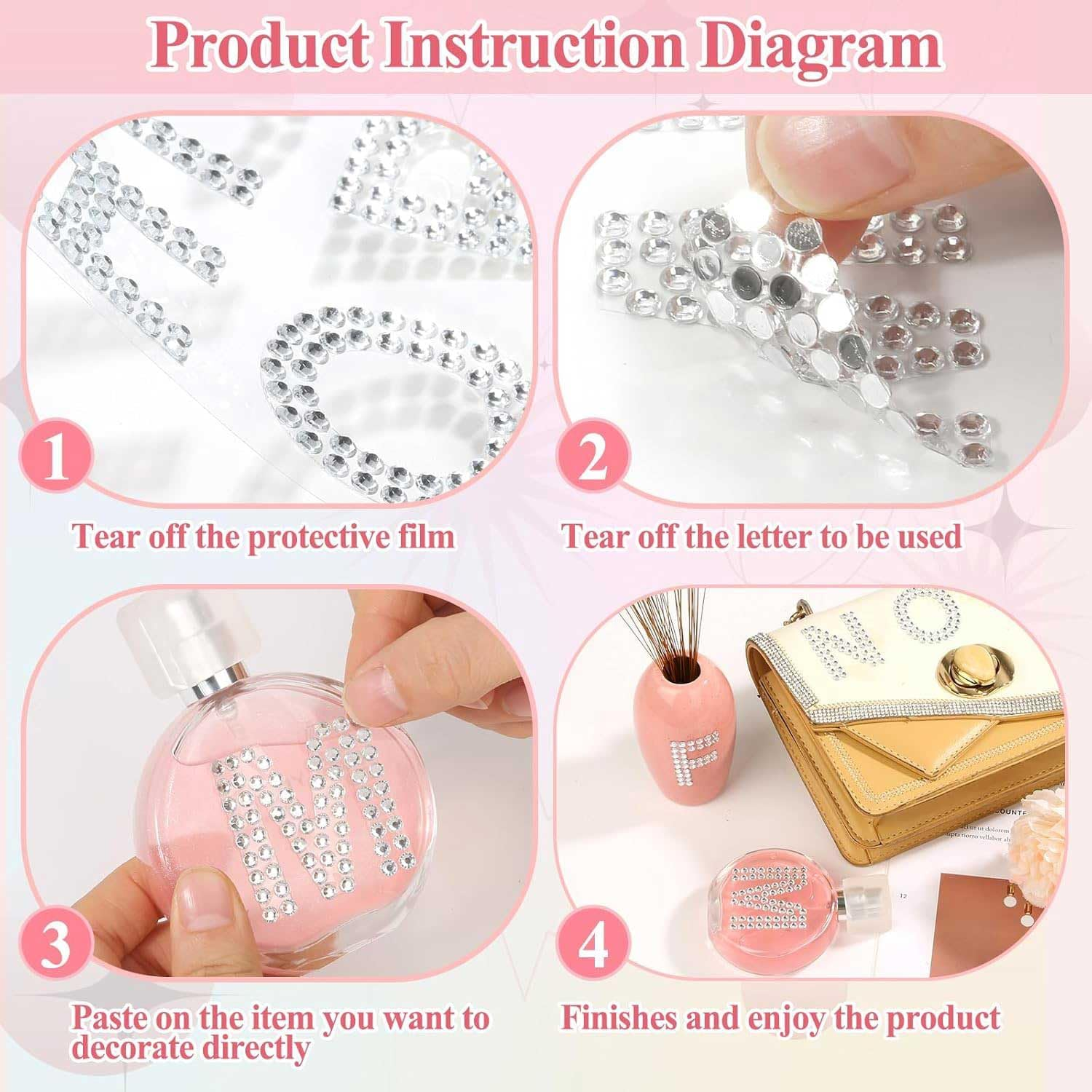 204 Pieces Rhinestone Letters Stickers, 6 Sheets Glitter Self Adhesive Diamond Alphabet Stickers Silver Bling Crystal Letter Stickers Gemstone Border Stickers for DIY Craft Decors (Golden) image number 2