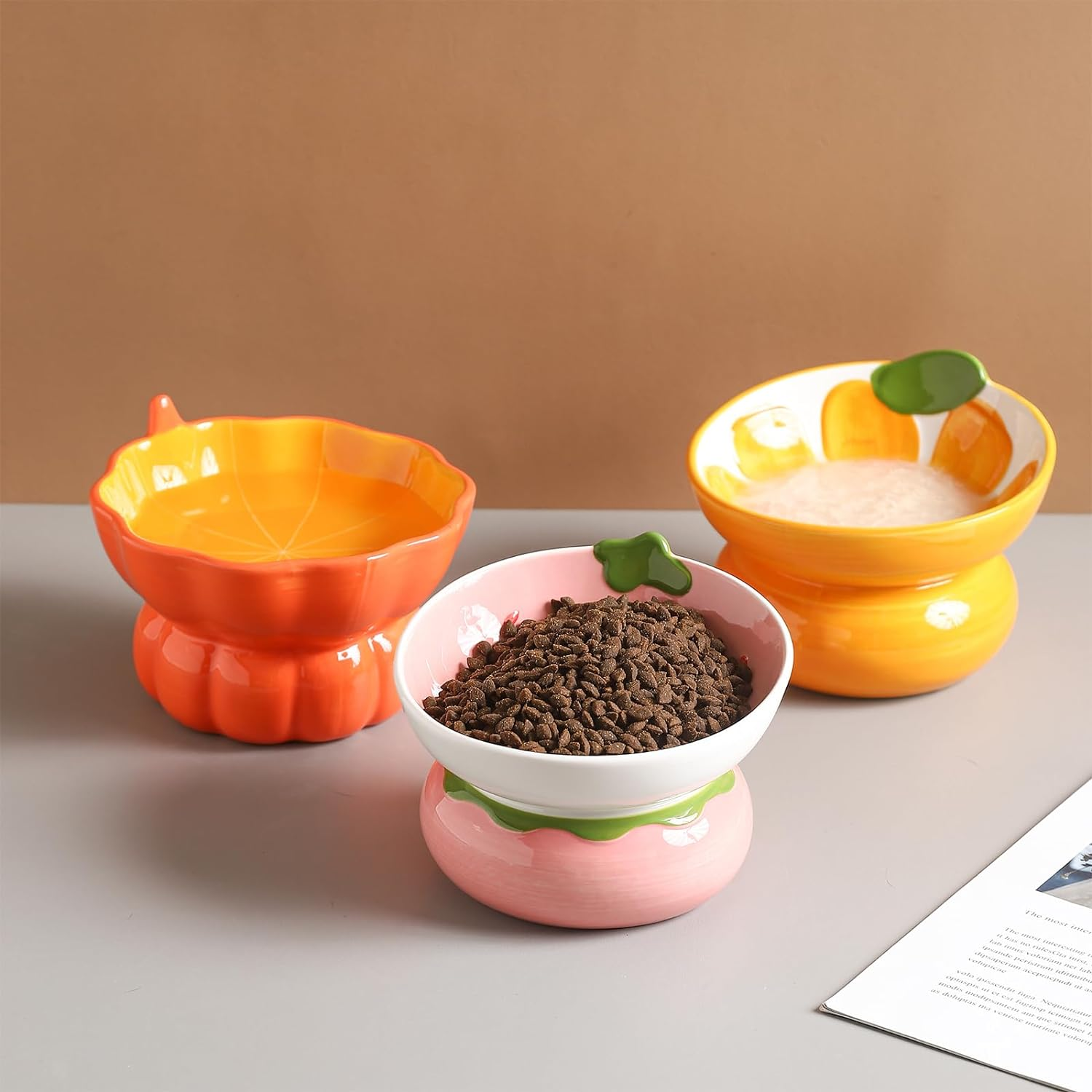 Ceramic Raised Cat Bowl, Elevated Cat Food Bowl for Indoor Cats, anti Vomiting & Protect Pet'S Spine, Cute Tilted Cat Dish for Flat Faced Cats and Kitten (Orange Shaped) image number 3