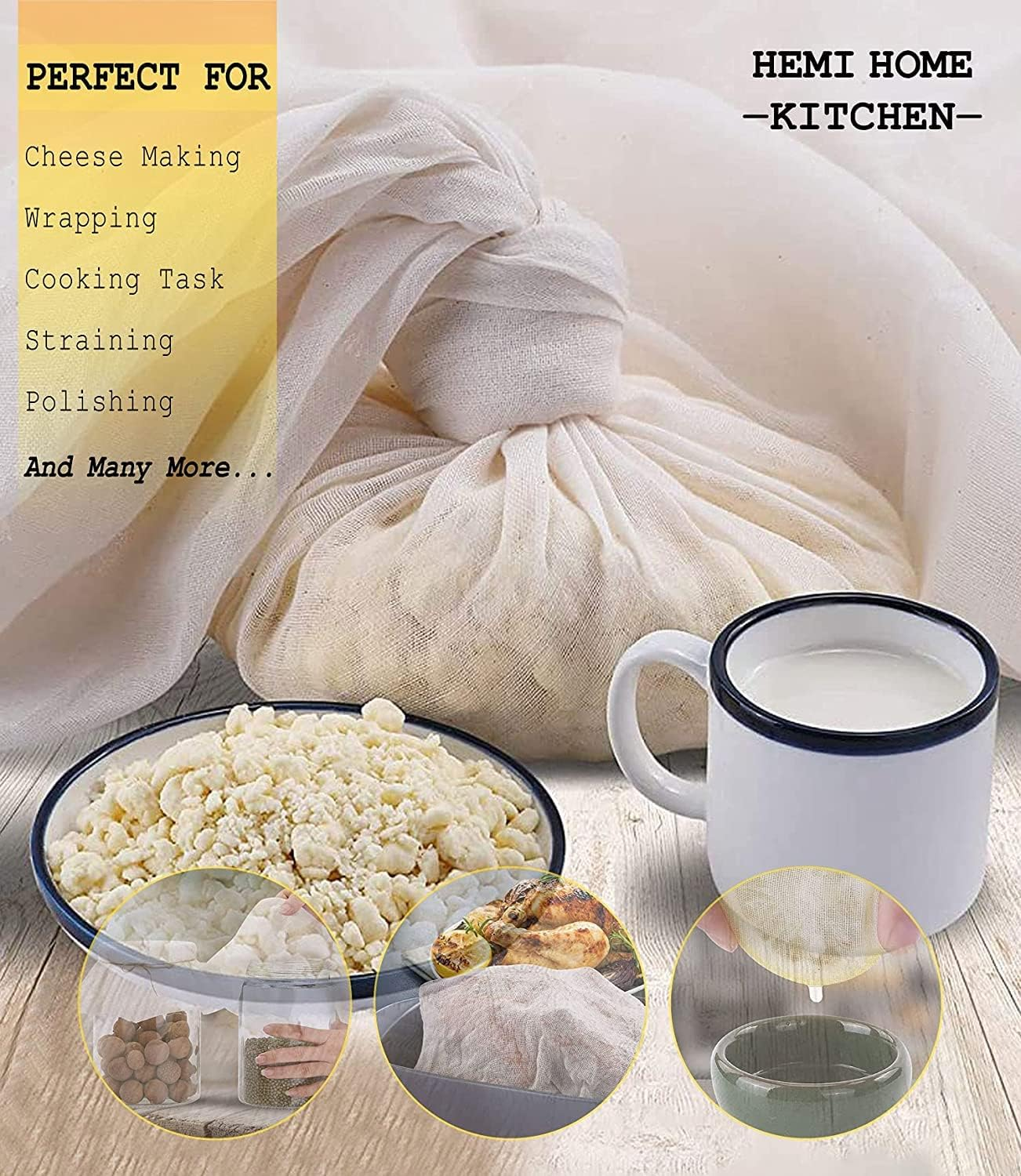 Cheesecloth, Muslin Cloth, Grade 90, Ultra Fine, Reusable,100% Cotton, Unbleached | Best for Cooking, Baking, Nut Milk Bag, Strainer, Filter (18 Sq Feet / 2 Yards) image number 4