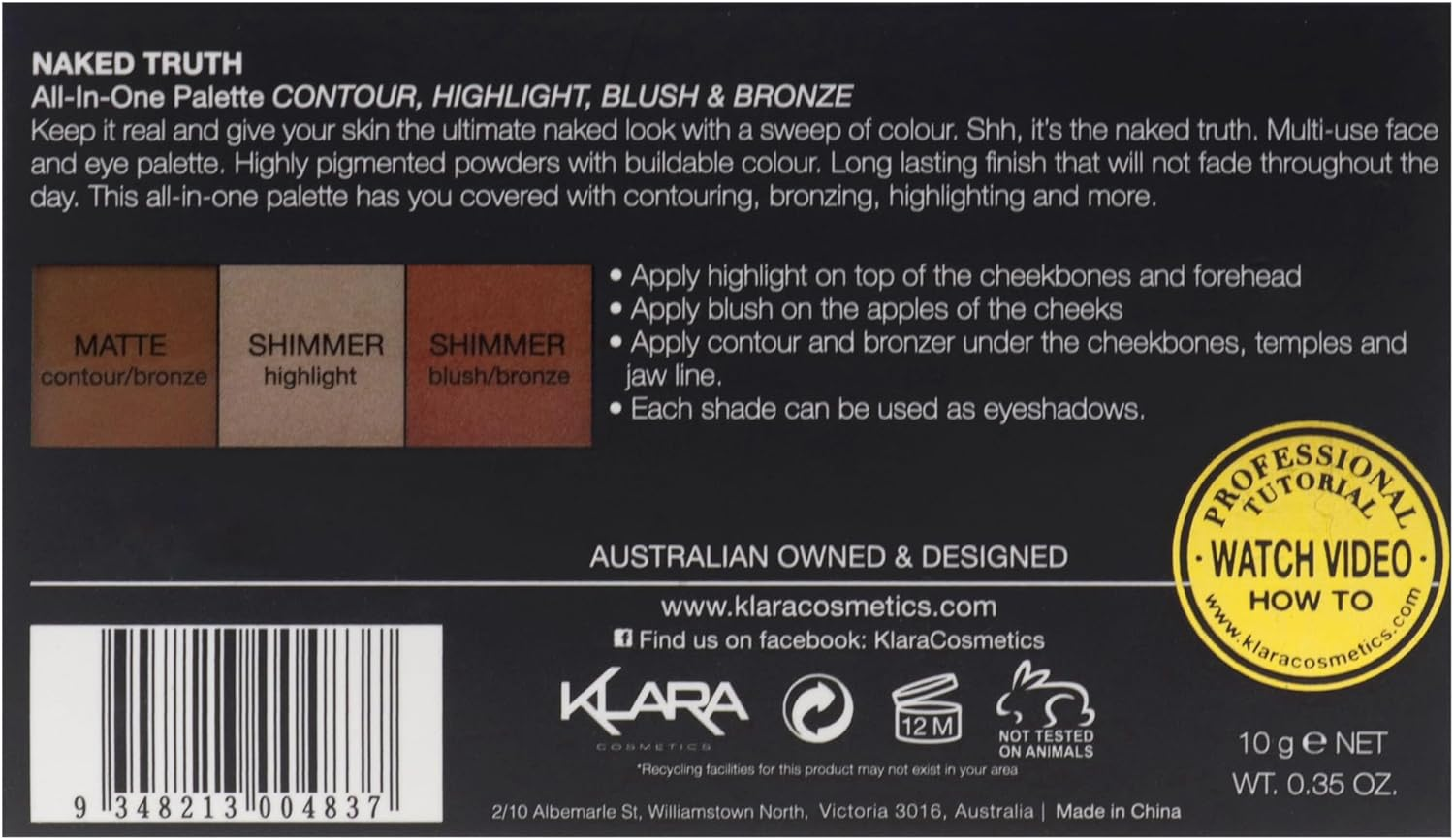 Klara Cosmetics Contour Bronze Blush Highlight Naked Truth All in One Sun Kissed Palette Matte Long Lasting Full Colour Pigment