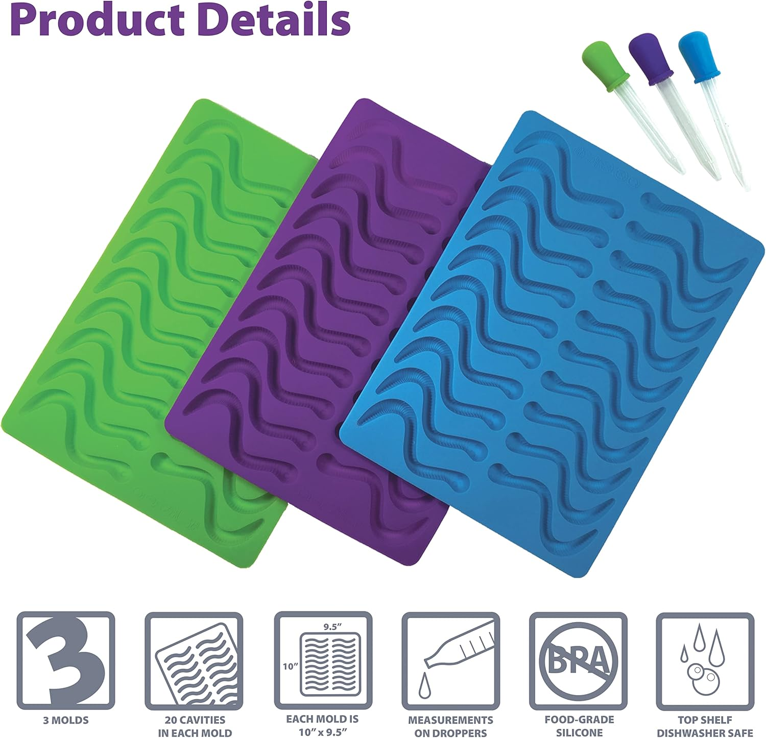 Better Kitchen Products, 3 Piece, 20 Cavity Silicone Gummy Worm Molds with 3 Matching Droppers, Purple, Aqua and Lime