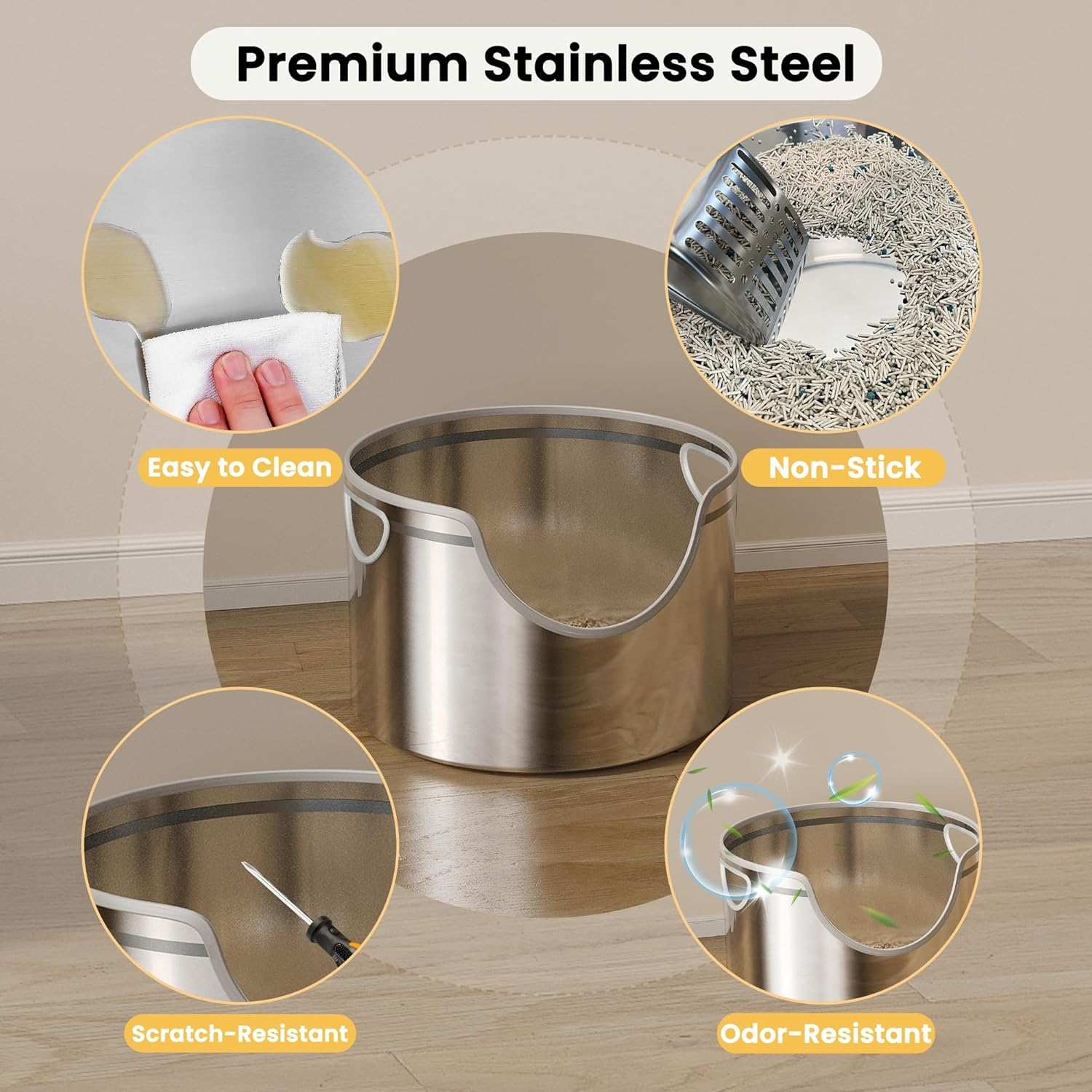 Stainless Steel Litter Box Metal with Integrated round for XL/XXL Big and Multi Cats, 31 Cm High Wall High Side, Odor Control, Easy to Clean, Durable, Includes Stainless Steel Scoop image number 1