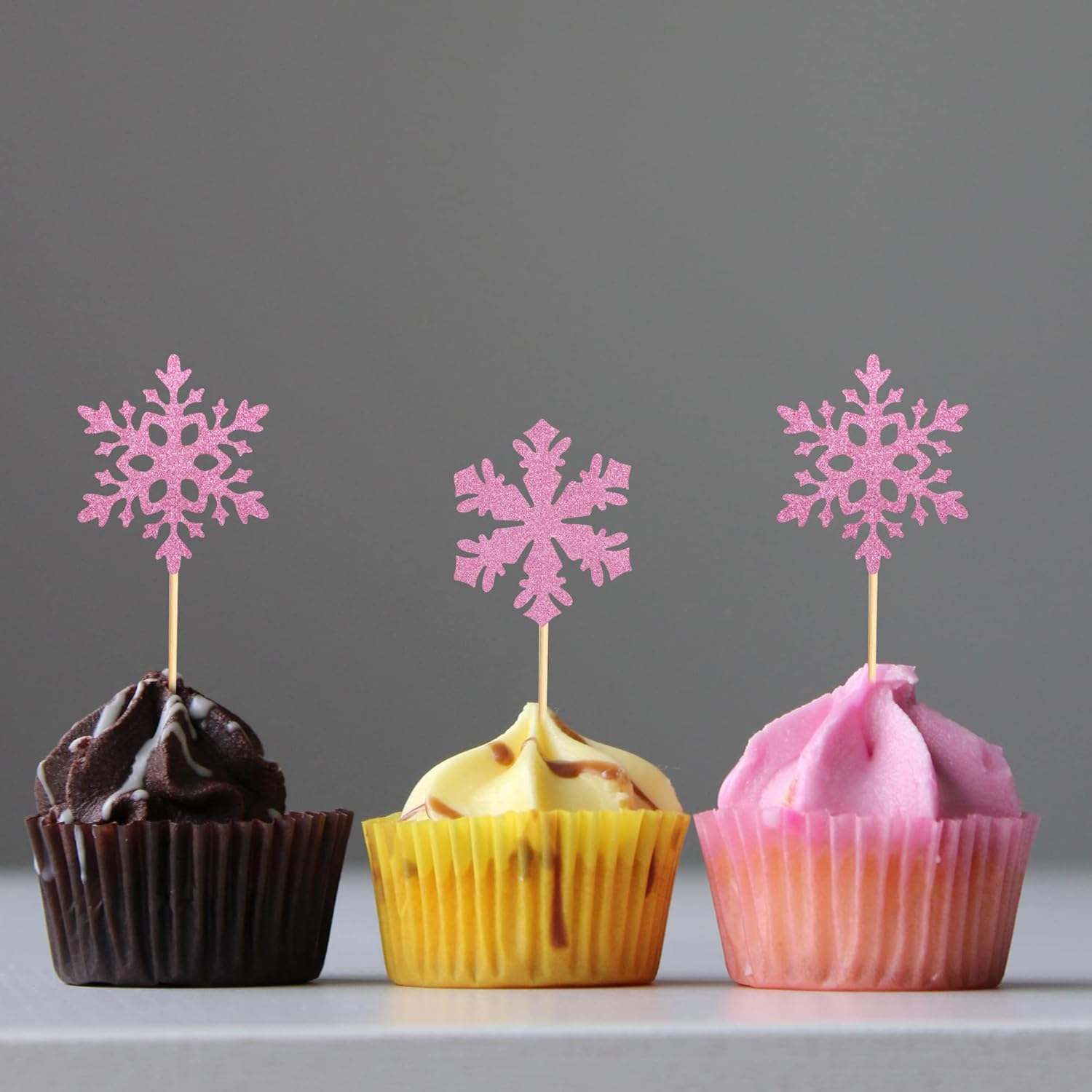 24 Pcs Snowflake Cupcake Toppers Pink Glitter 2 Styles Winter Theme Cupcake Picks Baby Shower Kids Birthday Party Christmas Cake Decorations Supplies image number 1