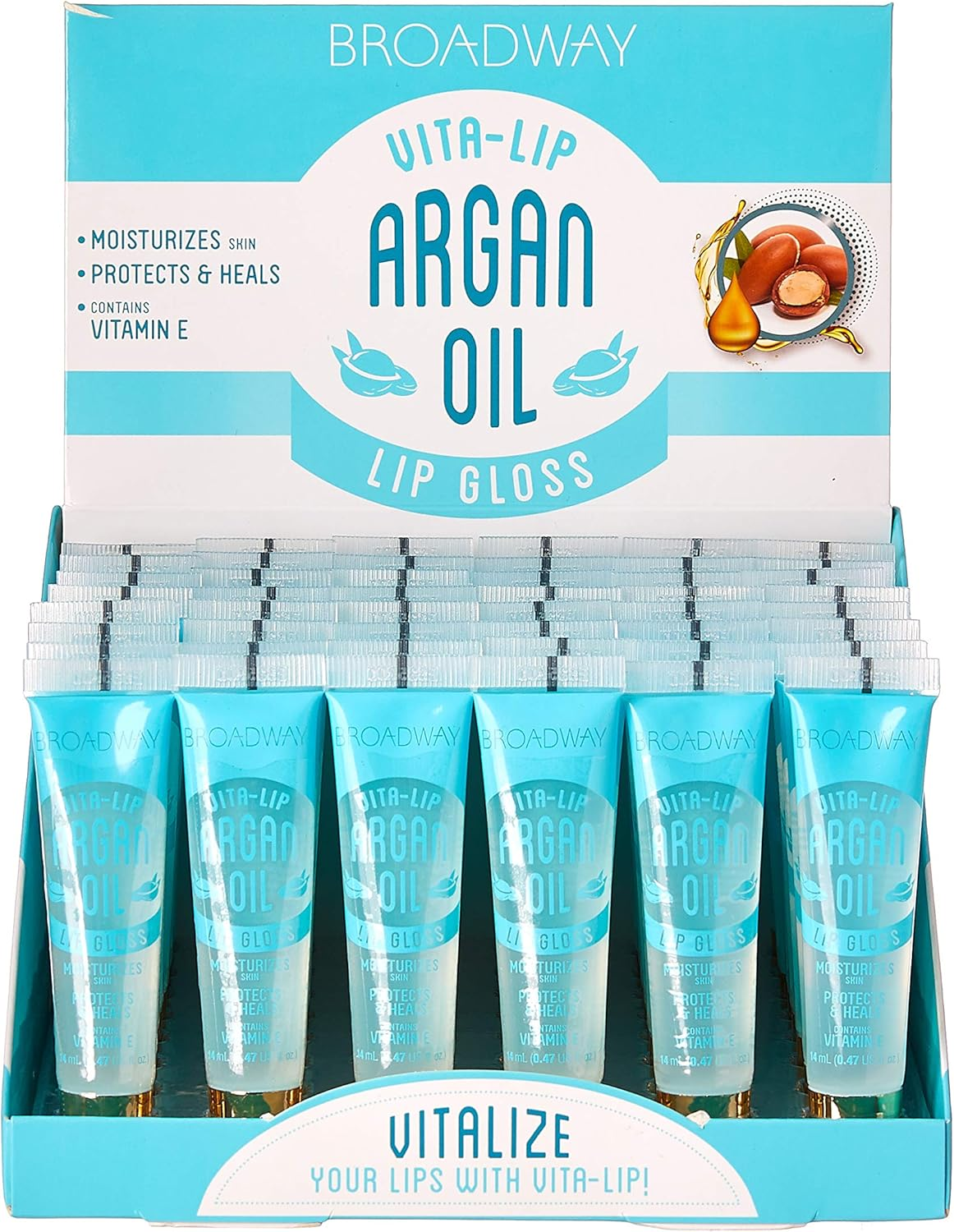 Ruby Kisses Broadway Vita-Lip Clear Lip Gloss (Argan Oil 48 Pack), Ultra-Hydrating & Soothing Formula with Multi-Vitamin Oils, High-Shine Non-Sticky Finish, Protecting Glossy Lip Balm with Vitamin E