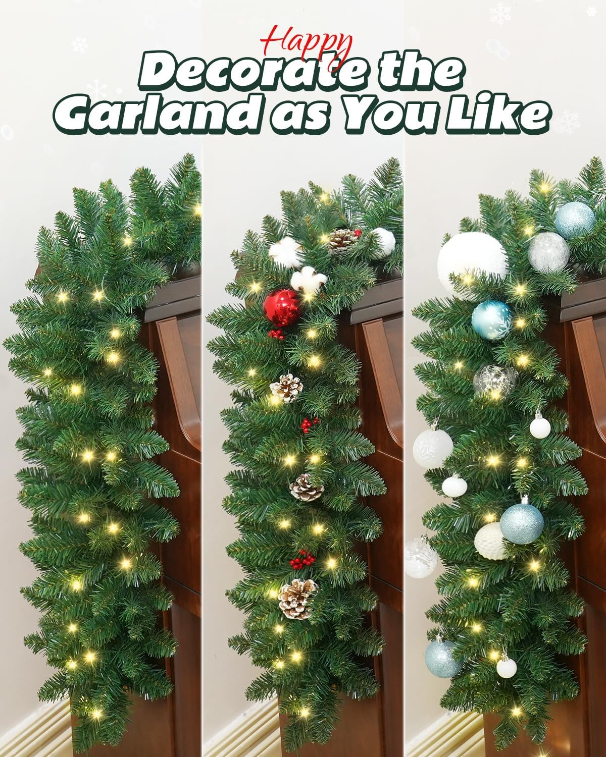 9Ft Christmas Garland with LED Lights Battery Operated, Prelit Xmas Garland for Mantle, Fireplace, Stairs Railing, Artificial Christmas Garland Indoor and Outdoor Decorations image number 4