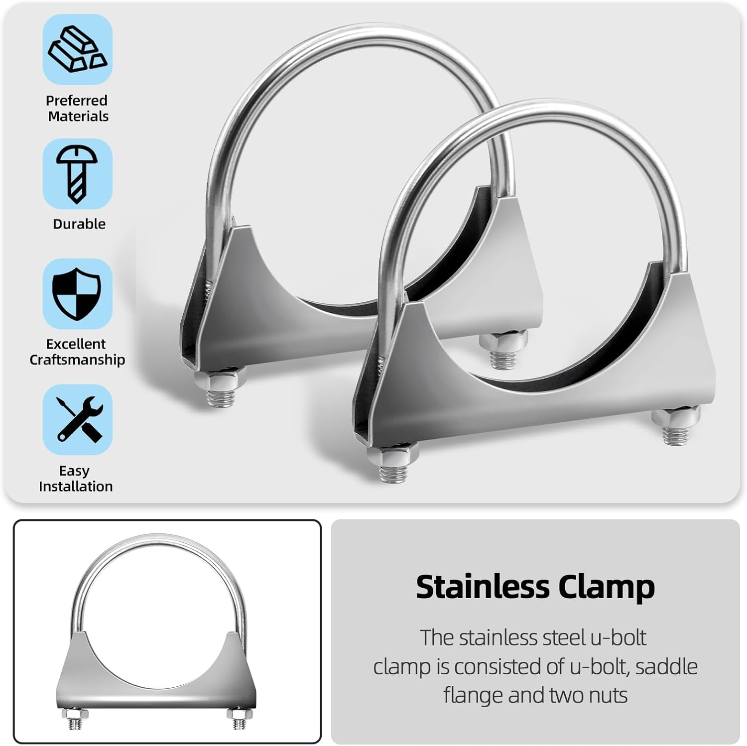 Glarks 2Pcs 304 Stainless Steel Exhaust U-Clamps 63MM (2-1/2In) Muffler Exhaust Clamps U-Bolt Clamps Design with Saddle Flange for Exhaust Tail Pipe image number 6
