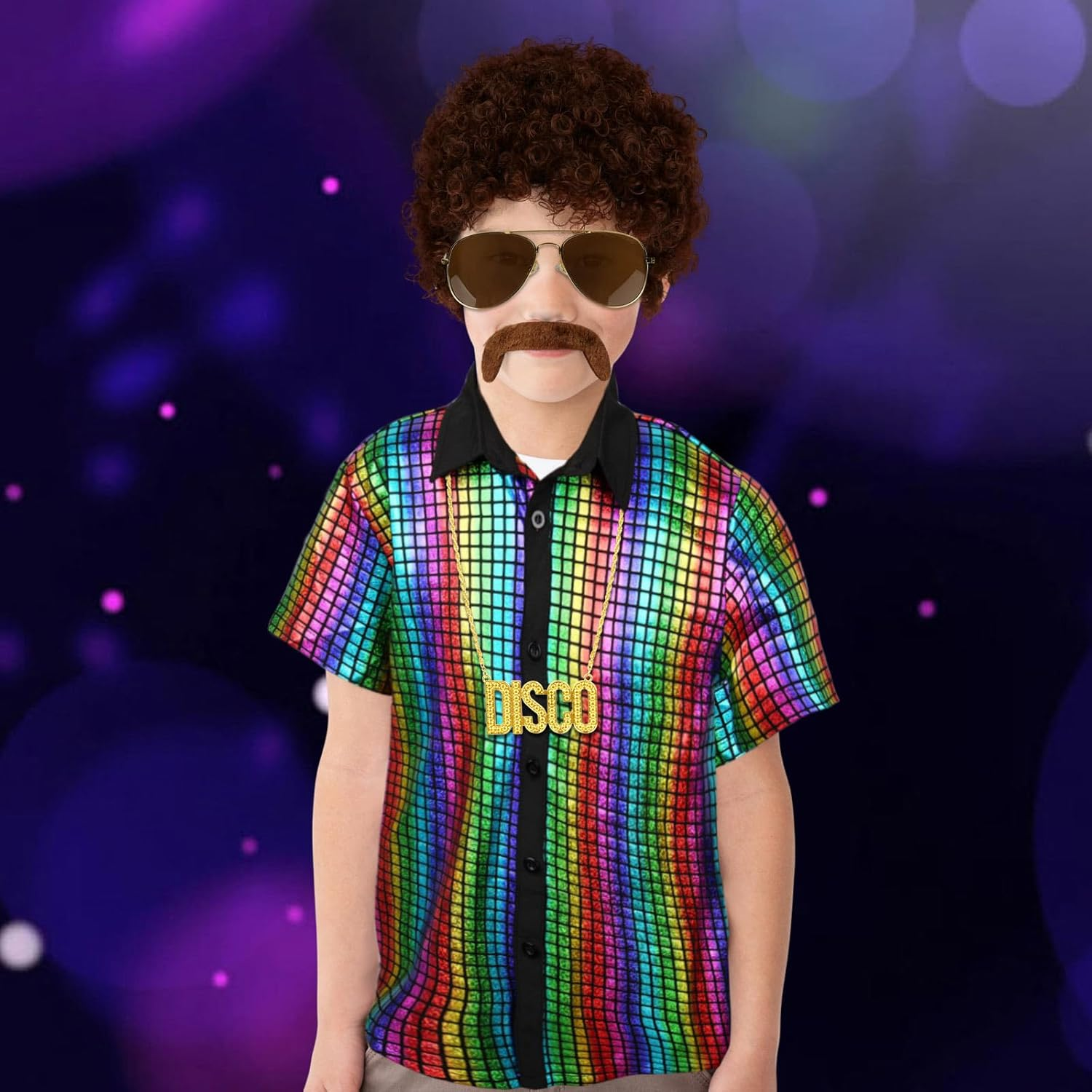 5Pcs Boy 70S Disco Costume,Kids Boys Sequins Dress Shirt,Wig Disco Necklace Sunglasses for 60S Dress Up image number 4