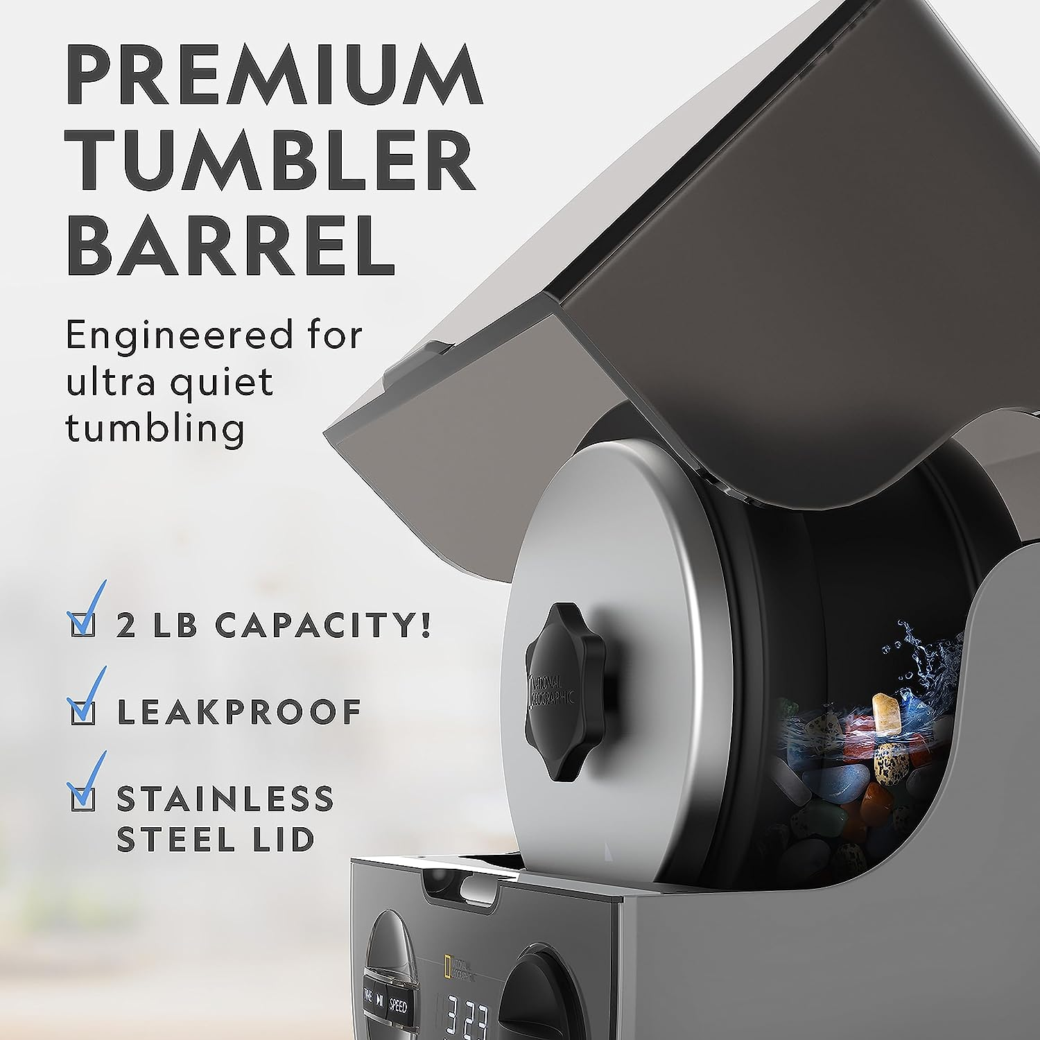 National Geographic Professional Rock Tumbling Kit - Patent-Pending Rock Polisher for Kids & Adults, Platinum Series Ultra Quiet, 2 Lb. Barrel, Rocks, Grit, Gemfoam Polisher, Rock Tumblers for Adults image number 5