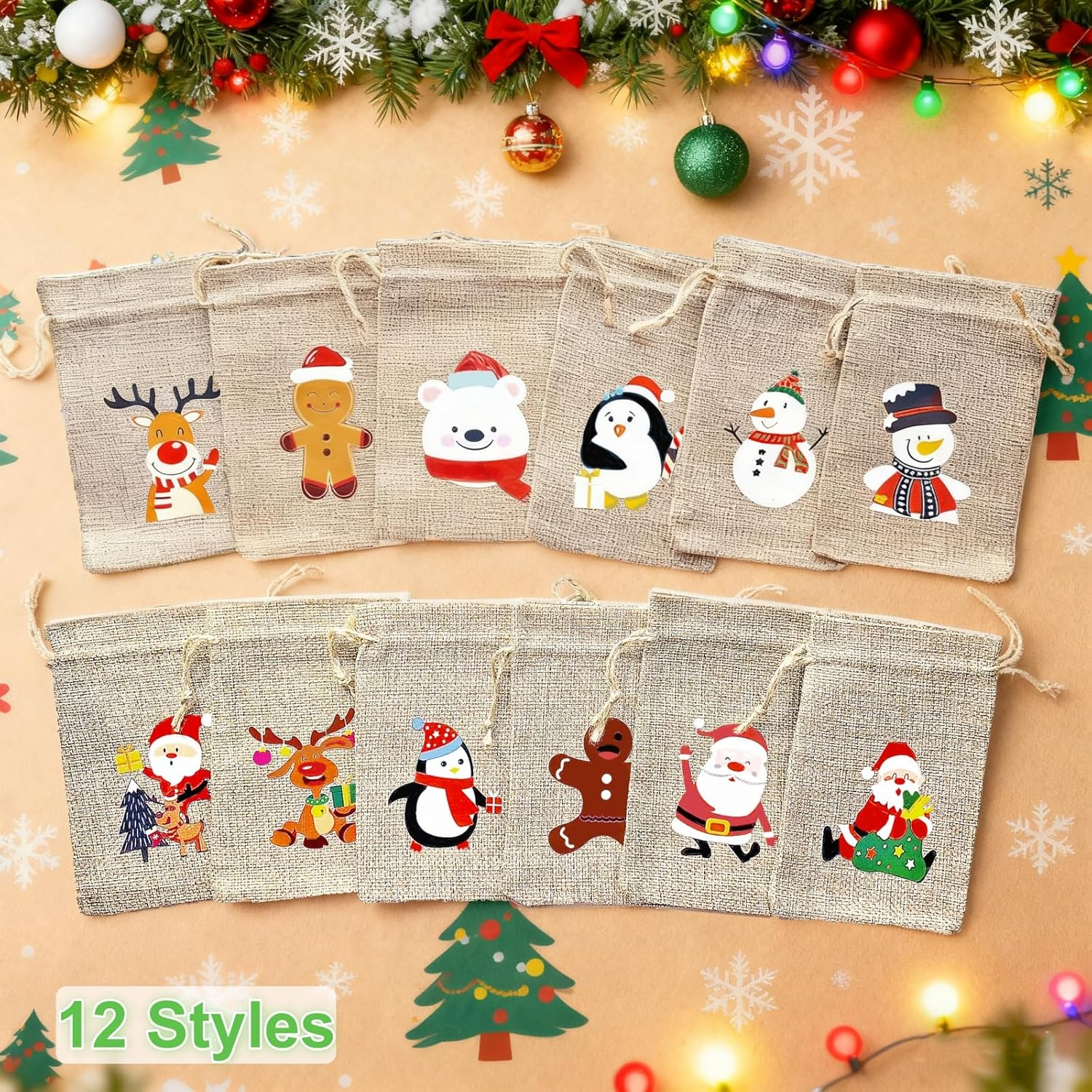 12 Pack Christmas Linen Bags, 10 X 15 Cm Bags, Candy Goodie Treat Bags, Drawstrings Burlap Bags for X&lsquo;Mas Party, Reusable Wrapping Bags (12 DESIGNS) image number 3
