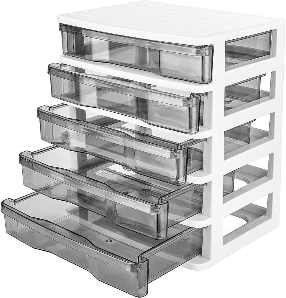5-Layer Desktop Storage Box, Plastic Storage Box, Transparent Drawer Storage Box, Multi-Layer Storage Rack, Suitable for Office Desk, Home Countertop (White)